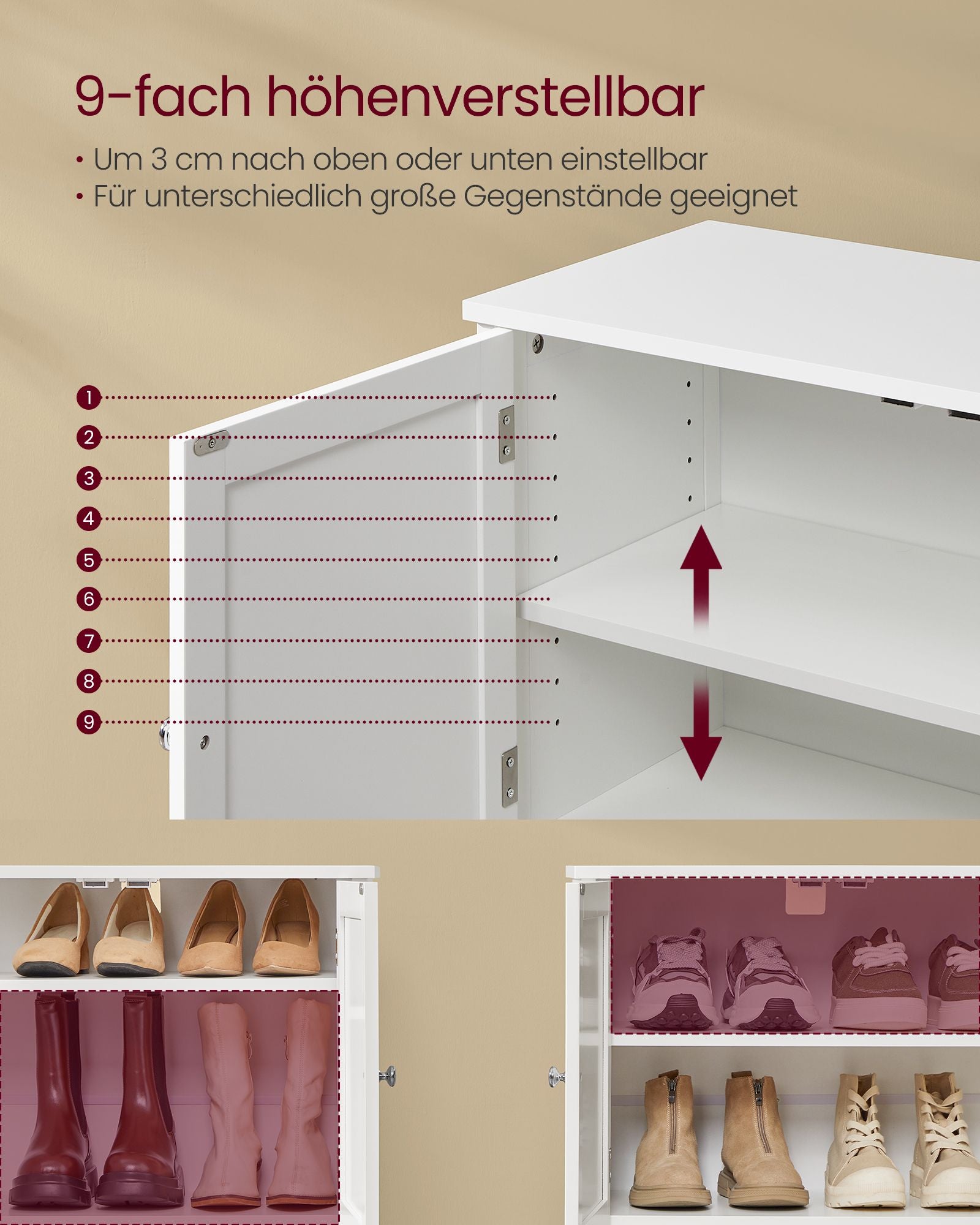 Schoenenkast - 120 cm Breed - Landelijke Stijl - Verstelbare Planken - Wolkenwit