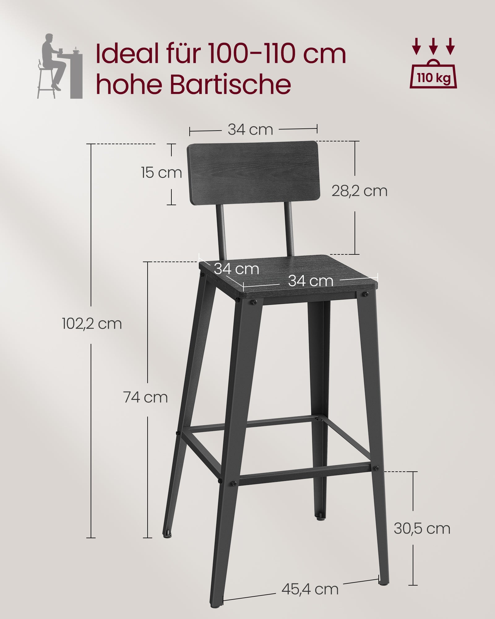 Bar Stuhlset 2 mit Rückenlehne AS-Schwarz-Tinte schwarz