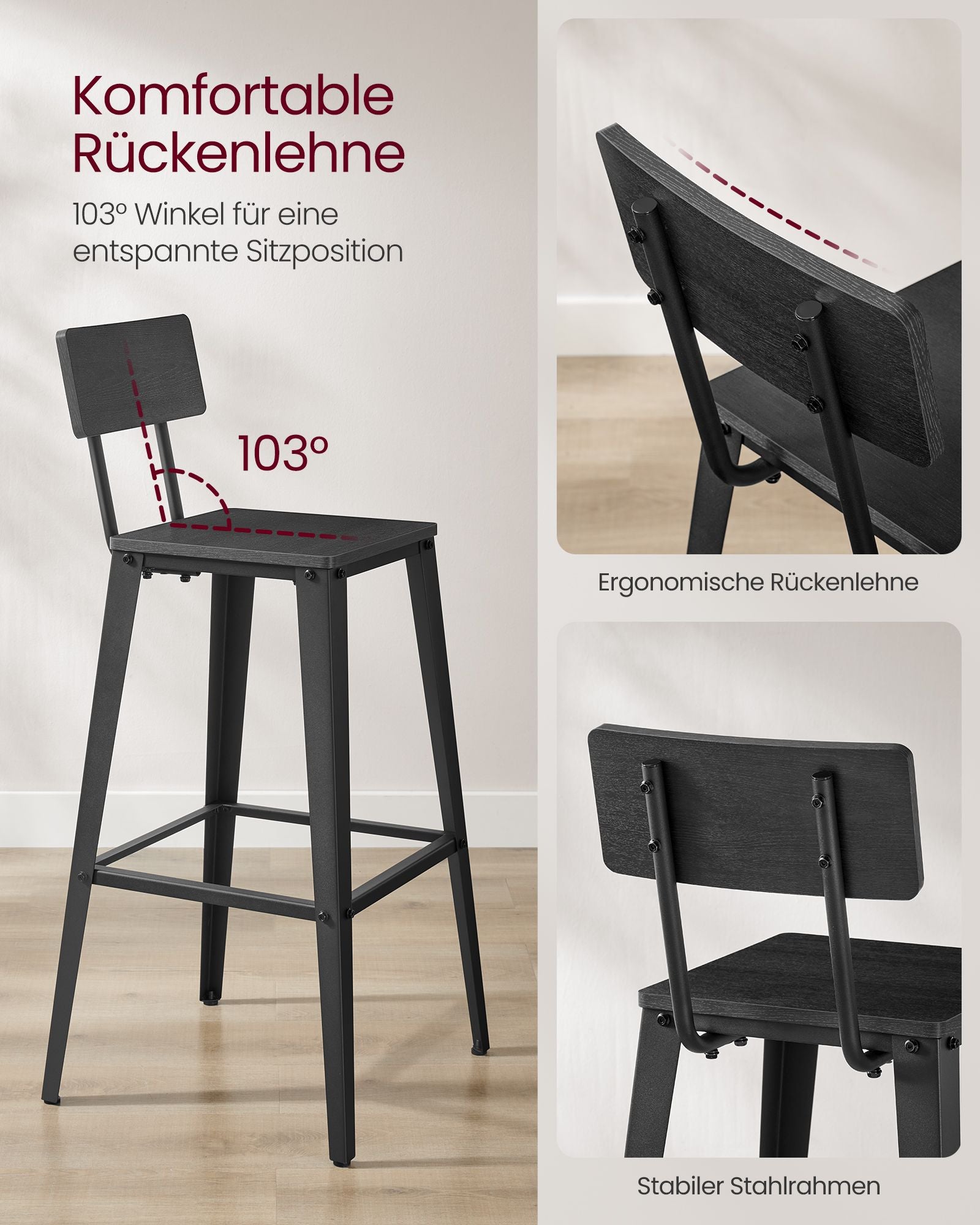 Bar Stuhlset 2 mit Rückenlehne AS-Schwarz-Tinte schwarz
