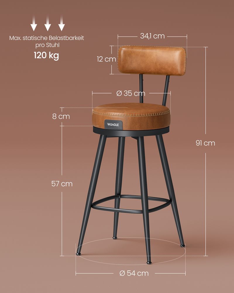 Barhocker - Barstühle - 2 - Metallrahmen - mit Rückenlehne - Brown