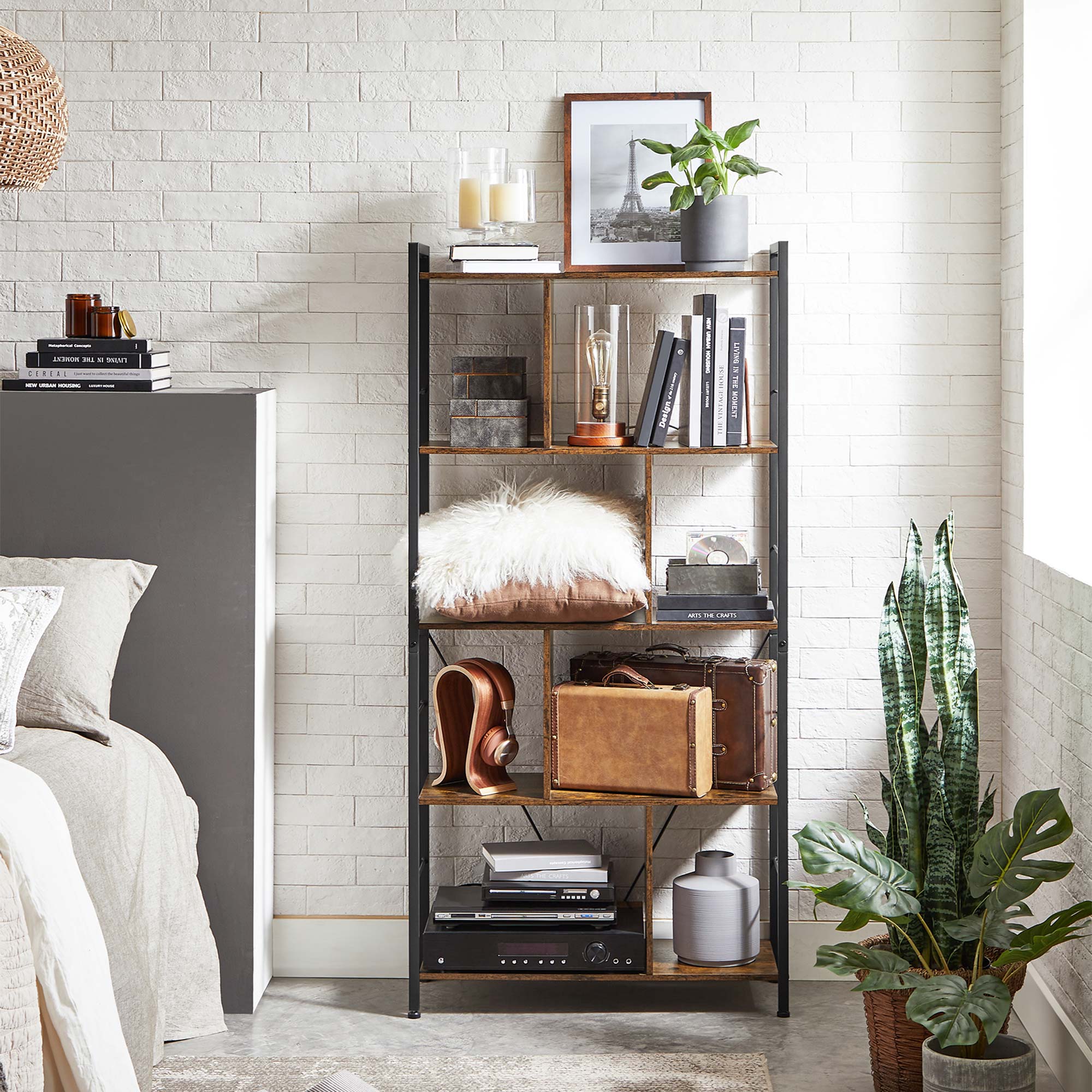 Bücherregal - Büroschrank - offene Fächer - mit 5 Levels - Metallrahmen - braunschwarz
