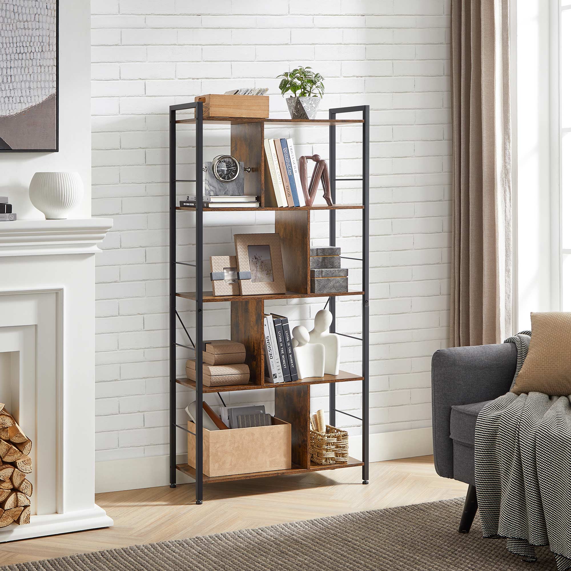 Bücherregal - Büroschrank - offene Fächer - mit 5 Levels - Metallrahmen - braunschwarz
