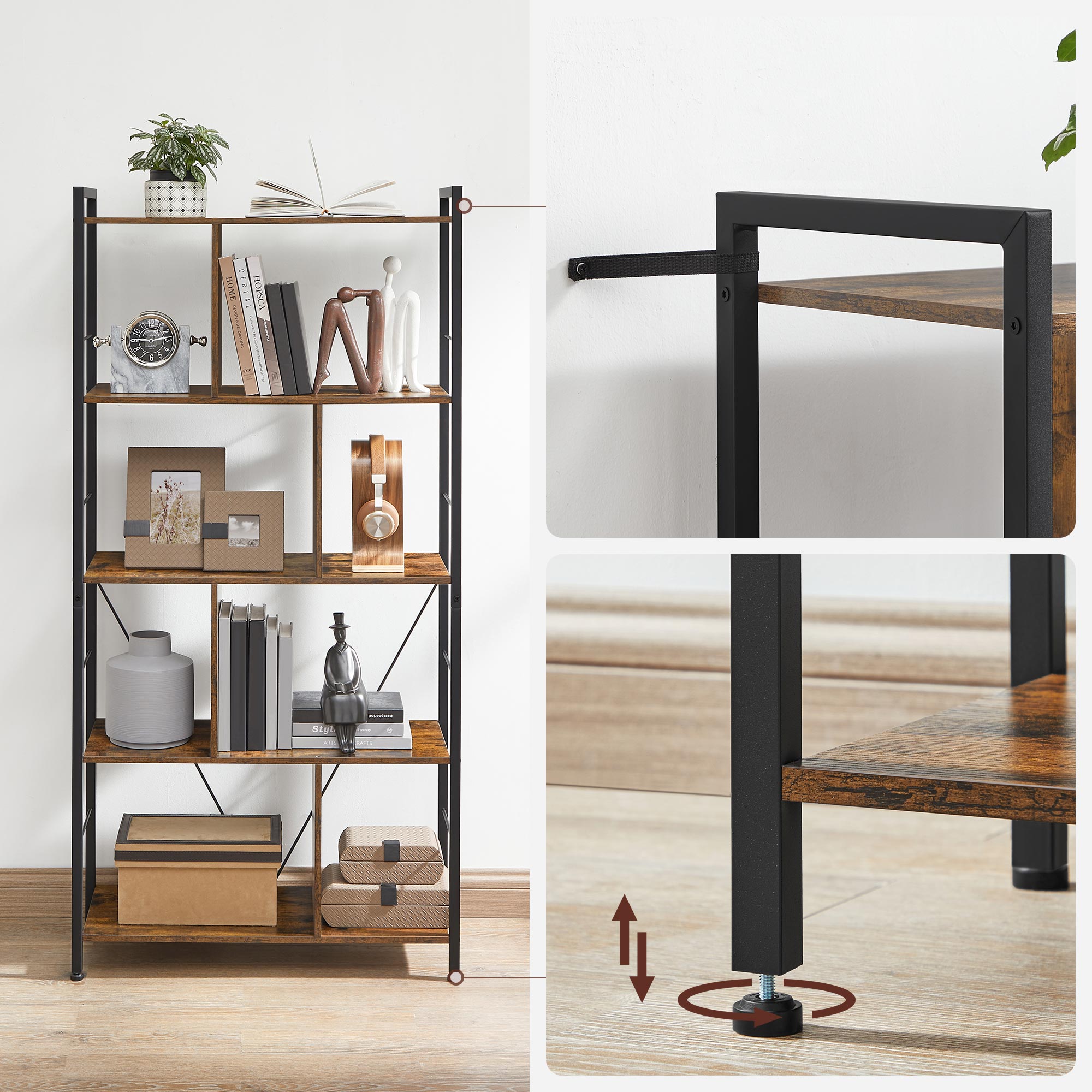 Bücherregal - Büroschrank - offene Fächer - mit 5 Levels - Metallrahmen - braunschwarz