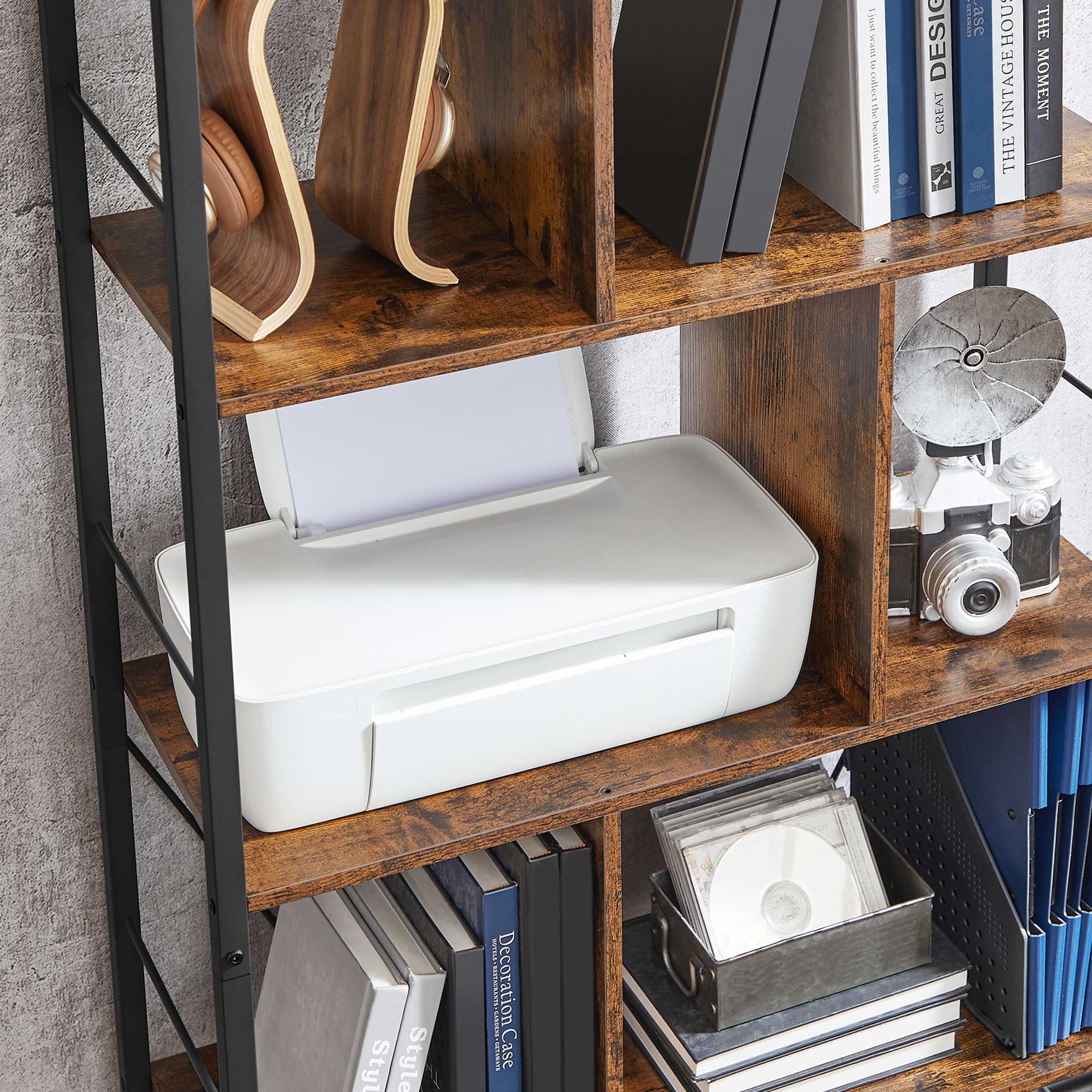 Bücherregal - Büroschrank - offene Fächer - mit 5 Levels - Metallrahmen - braunschwarz