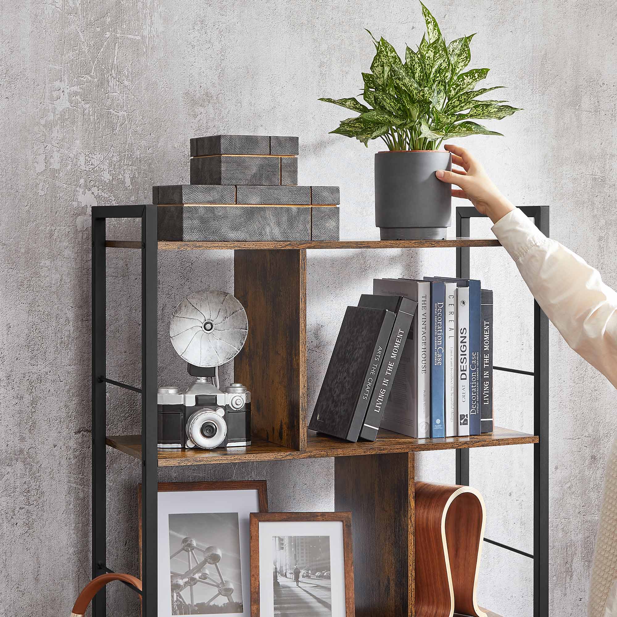 Bücherregal - Büroschrank - offene Fächer - mit 5 Levels - Metallrahmen - braunschwarz