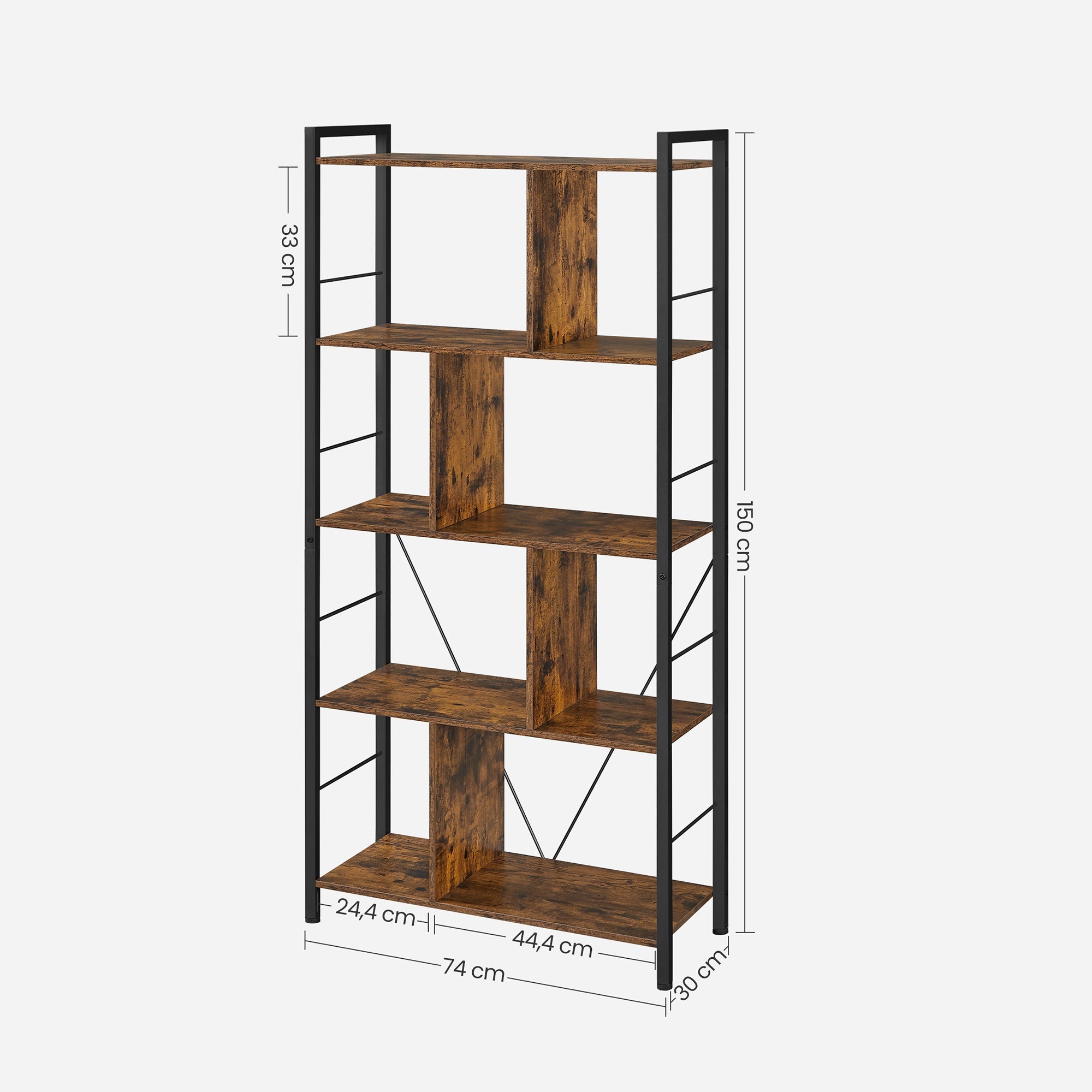 Bücherregal - Büroschrank - offene Fächer - mit 5 Levels - Metallrahmen - braunschwarz