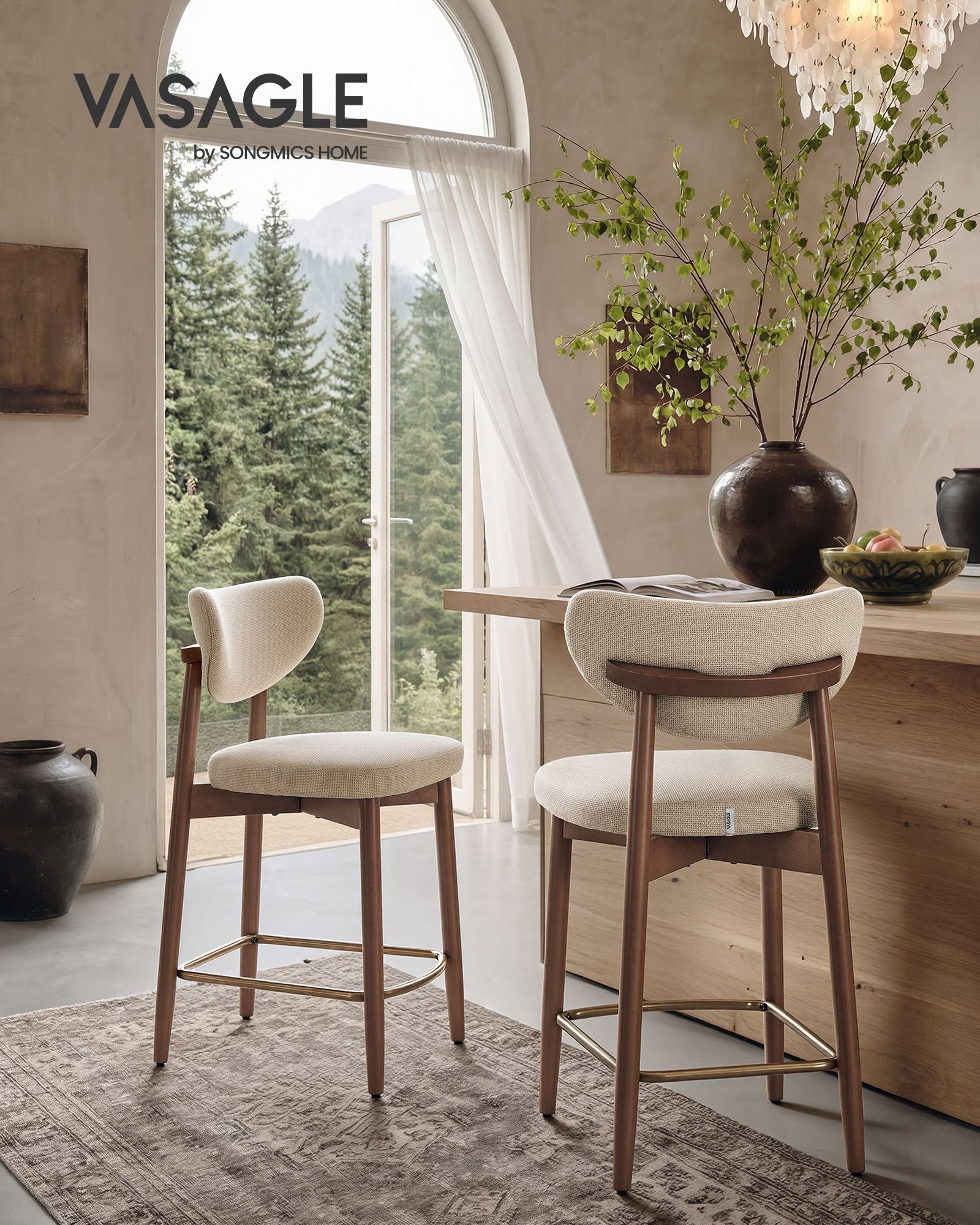 Barkruk - 2-Delige Set met Rugleuning en Houten Poten - Lichtbeige - 50 x 51,5 x 95,5 cm