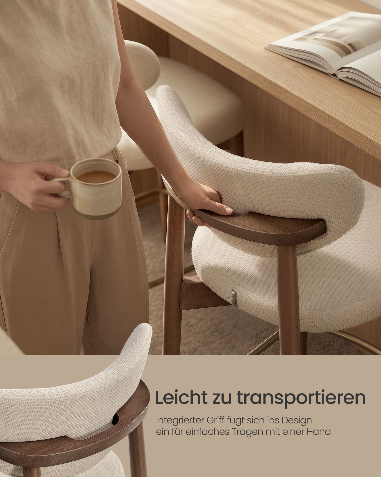 Barkruk - 2-Delige Set met Rugleuning en Houten Poten - Lichtbeige - 50 x 51,5 x 95,5 cm