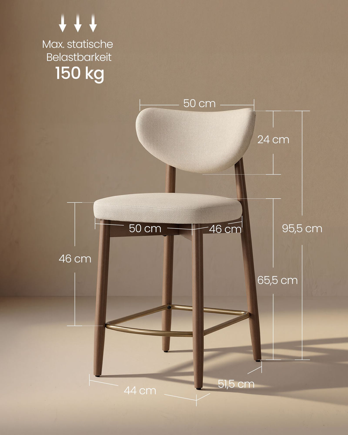 Barkruk - 2-Delige Set met Rugleuning en Houten Poten - Lichtbeige - 50 x 51,5 x 95,5 cm