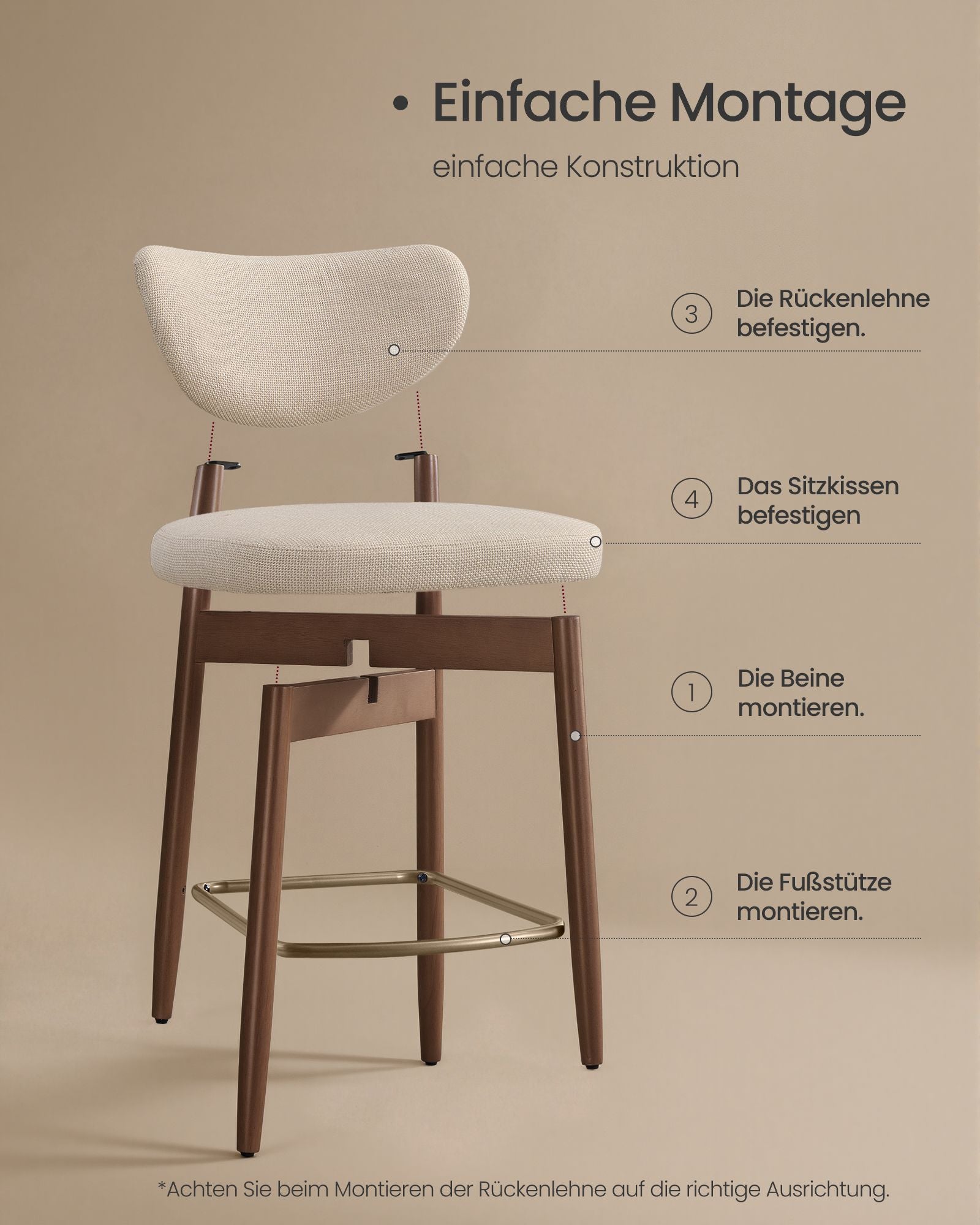 Barkruk - 2-Delige Set met Rugleuning en Houten Poten - Lichtbeige - 50 x 51,5 x 95,5 cm