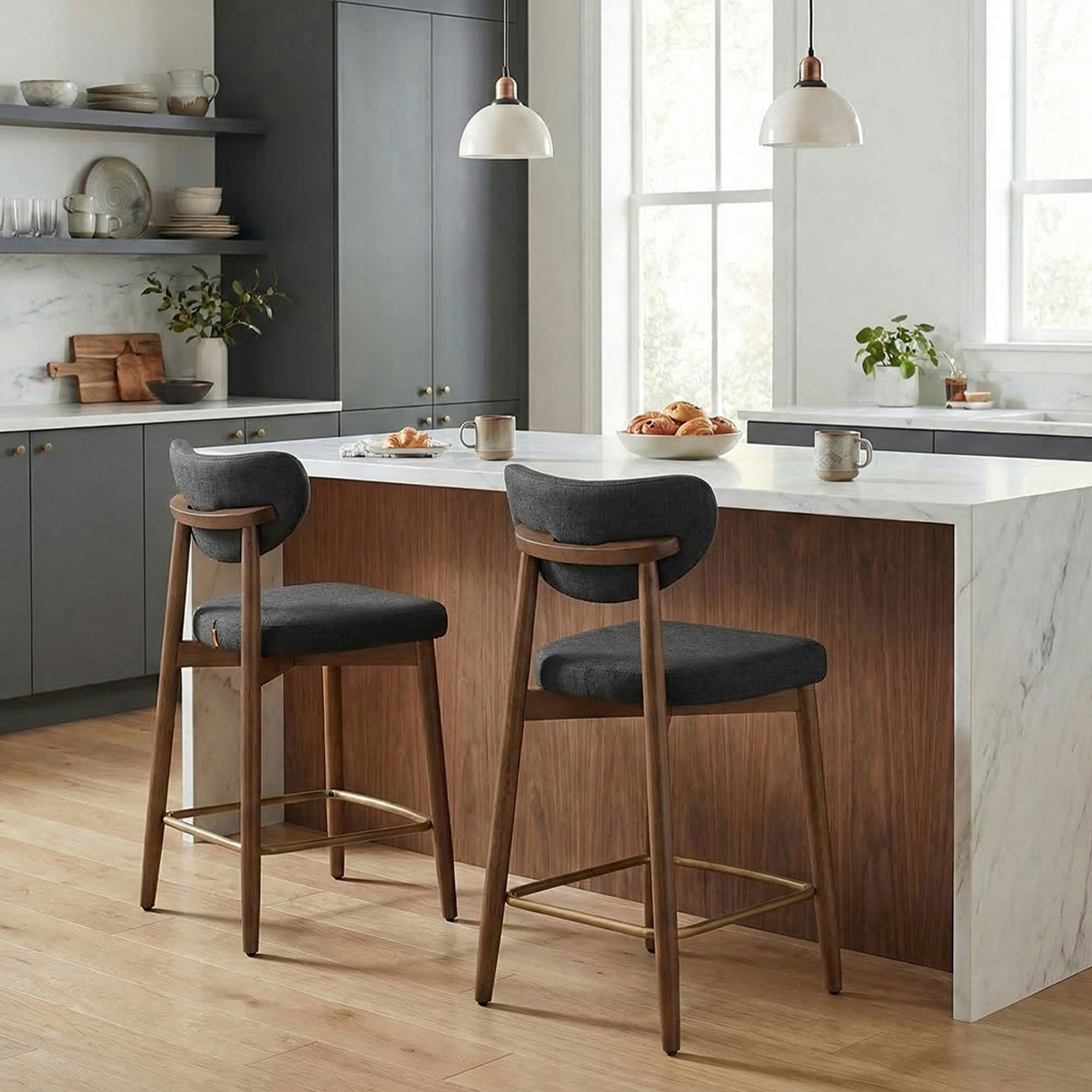 Barkruk - 2-Delige Set met Rugleuning en Houten Poten - Zwart - 50 x 51,5 x 95,5 cm