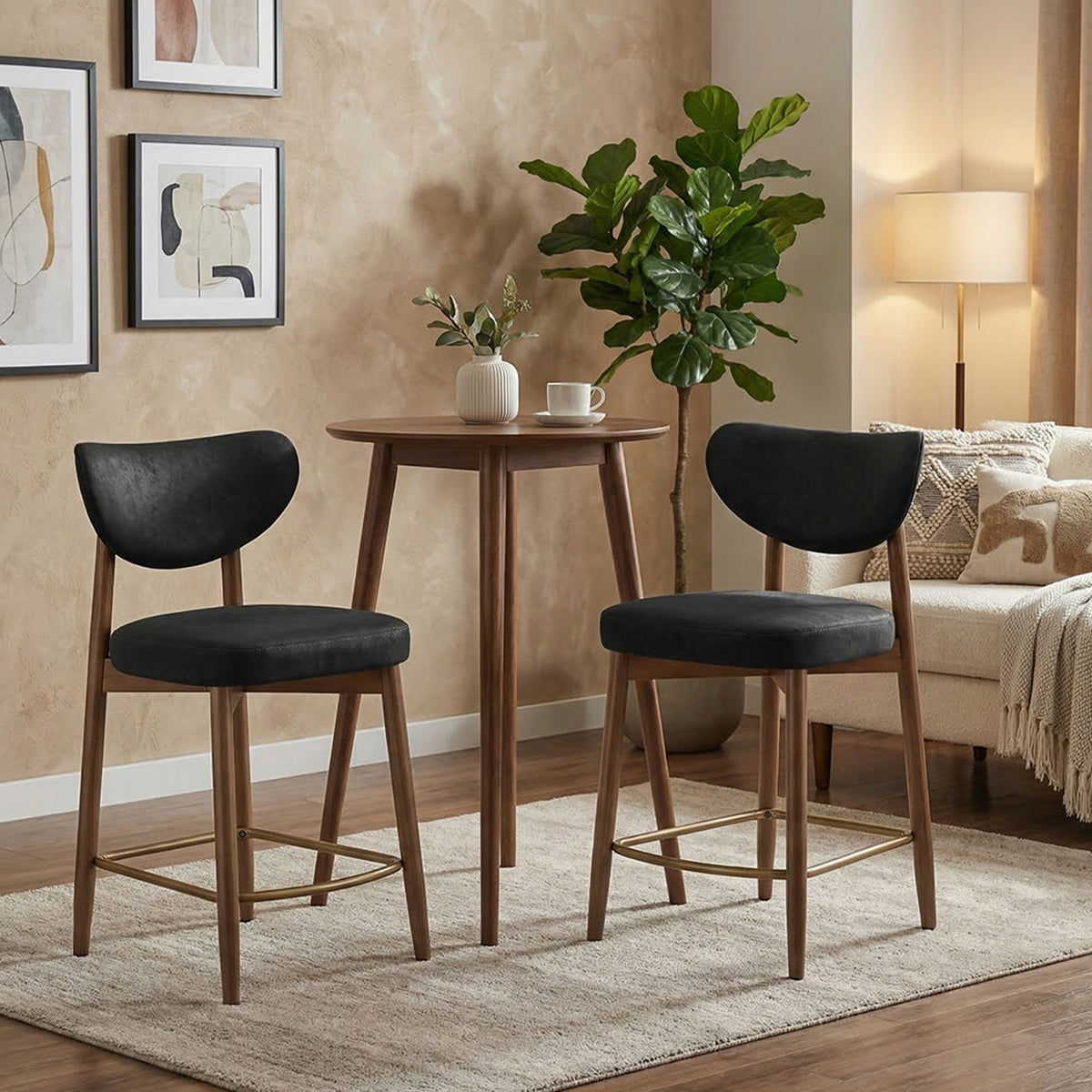 Barkruk - 2-Delige Set met Rugleuning en Houten Poten - Zwart - 50 x 51,5 x 95,5 cm