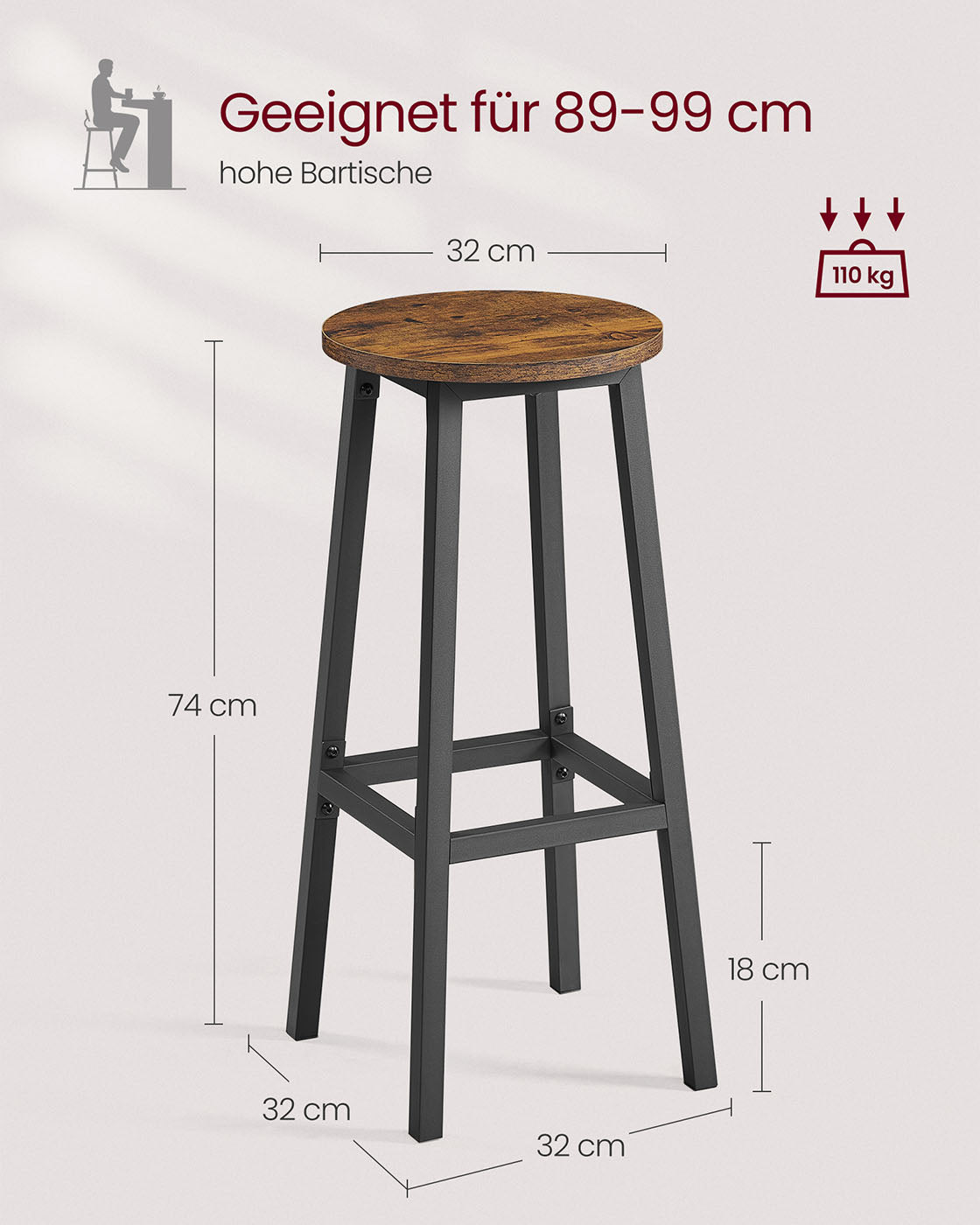 Barhocker-Set von 2 mit Fußstützen-Vintage-Braunschwarz