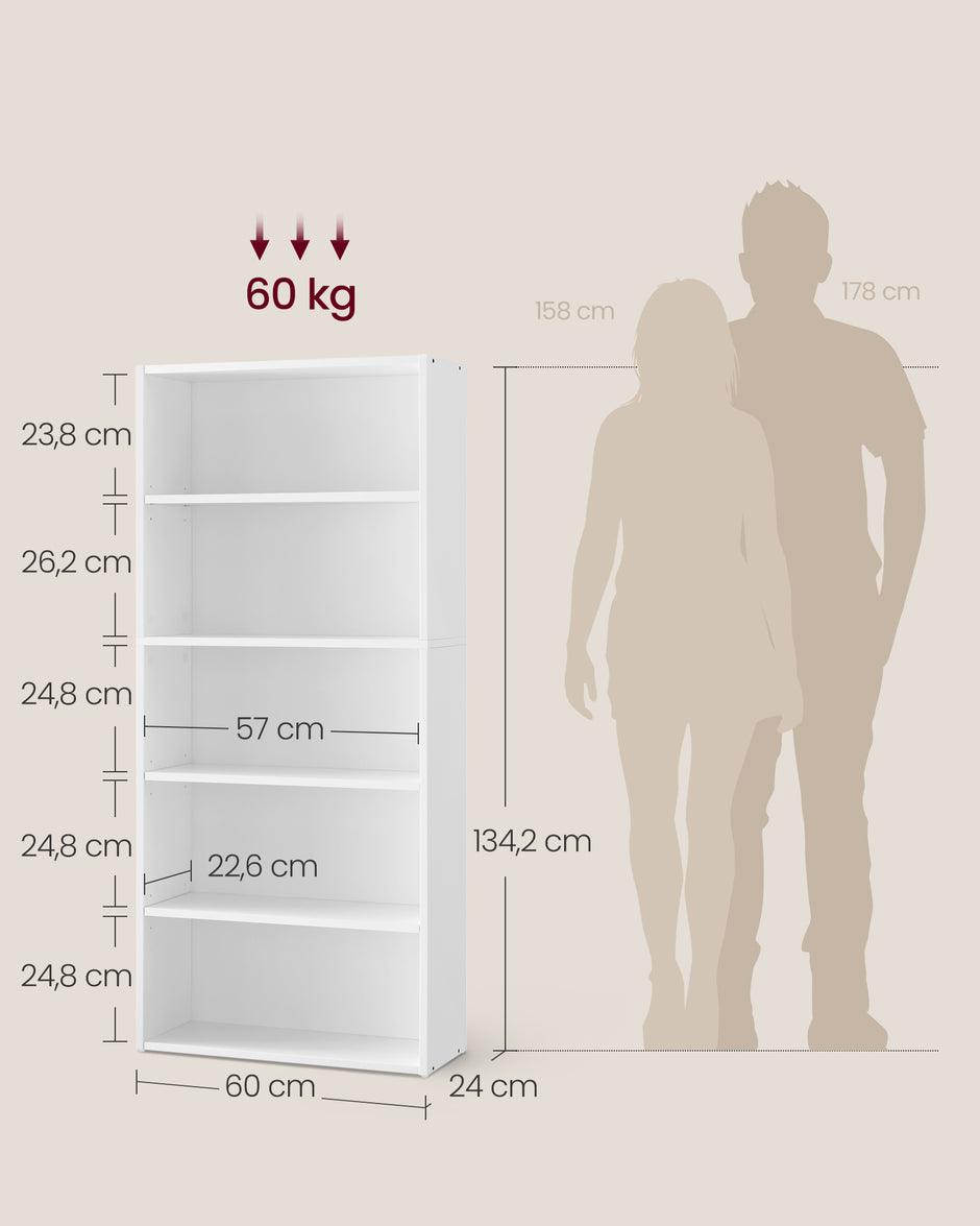 Boekenkast - 5 Planken - Verstelbare Planken - 134 cm - Wolkenwit