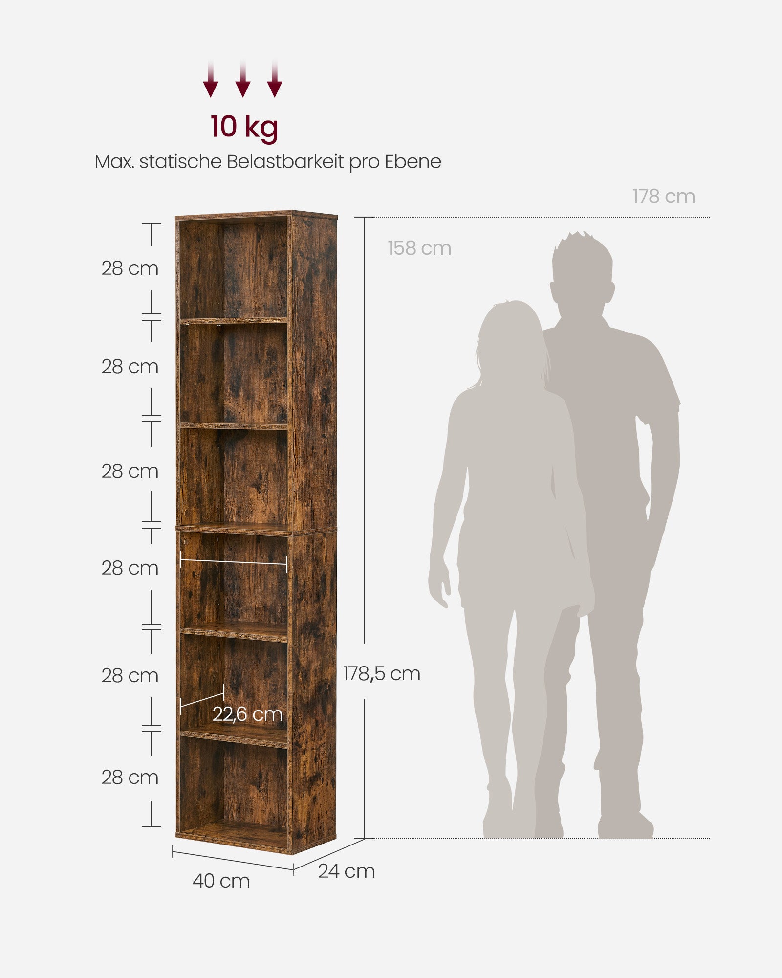 Bücherregal mit 6 Levels 24 x 40 x 178,5 cm Vintage Braun