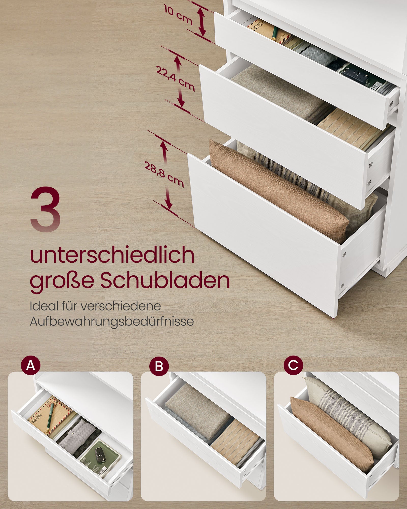 Bücherregal mit 3 Schubladen verschiedener Abmessungen Schneewittchen