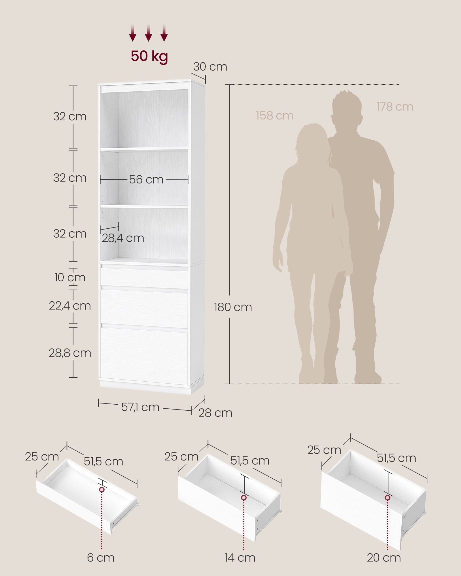 Bücherregal mit 3 Schubladen verschiedener Abmessungen Schneewittchen
