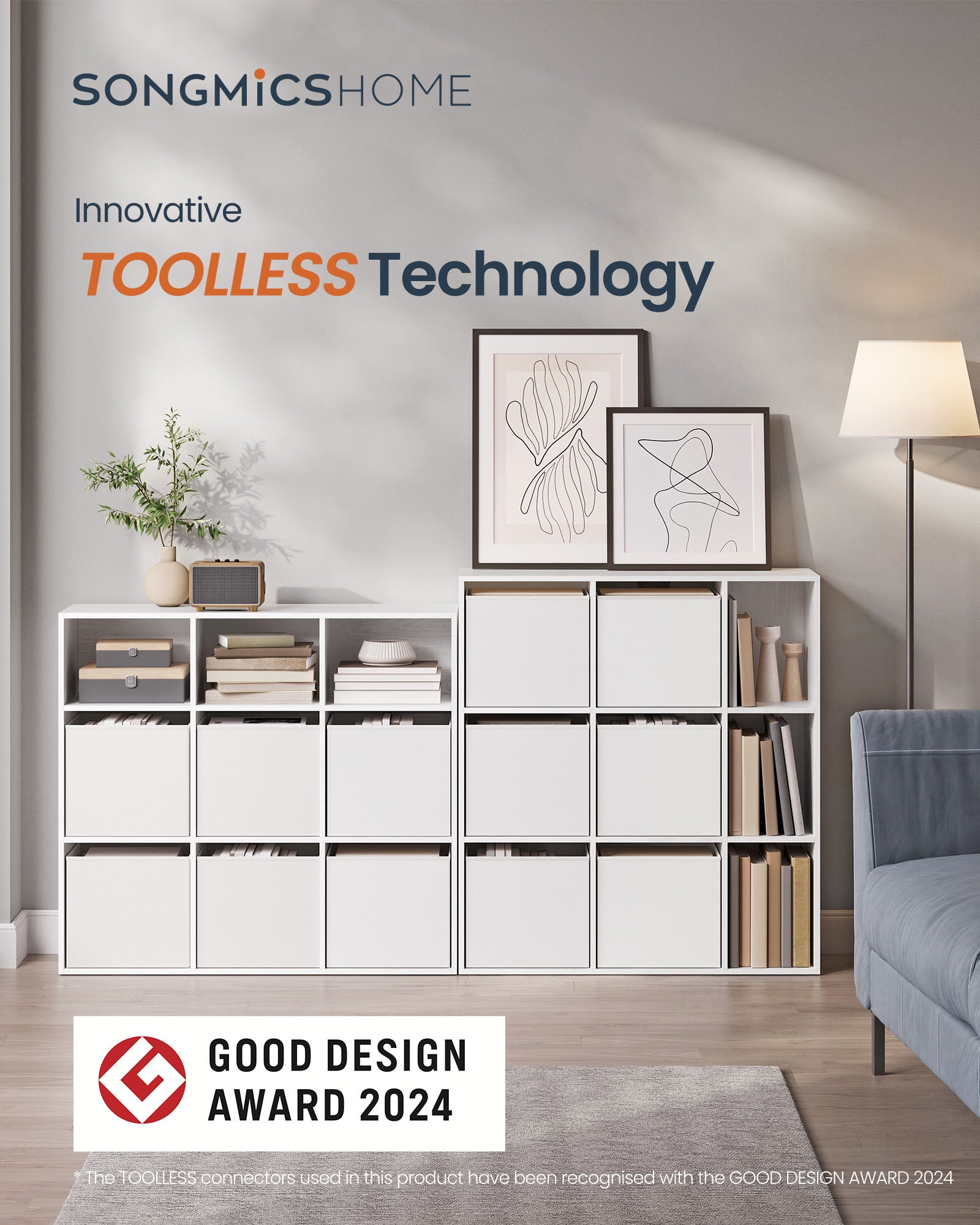 Bücherregal mit 6 Stoffschubladen - Toolless - Lagermöbel