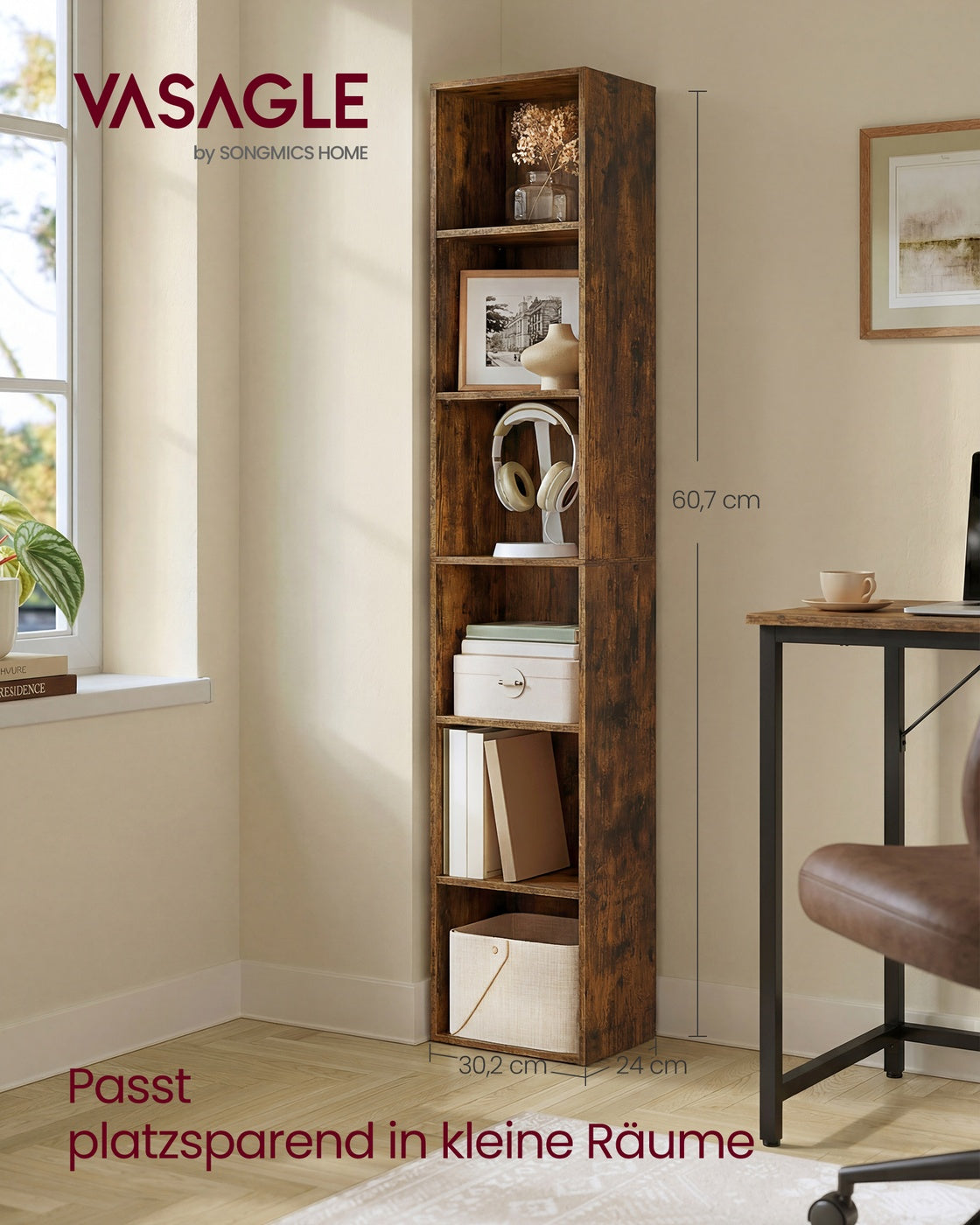 Boekenkast - 6 Planken - Smal - Verstelbare Planken - Vintage Bruin