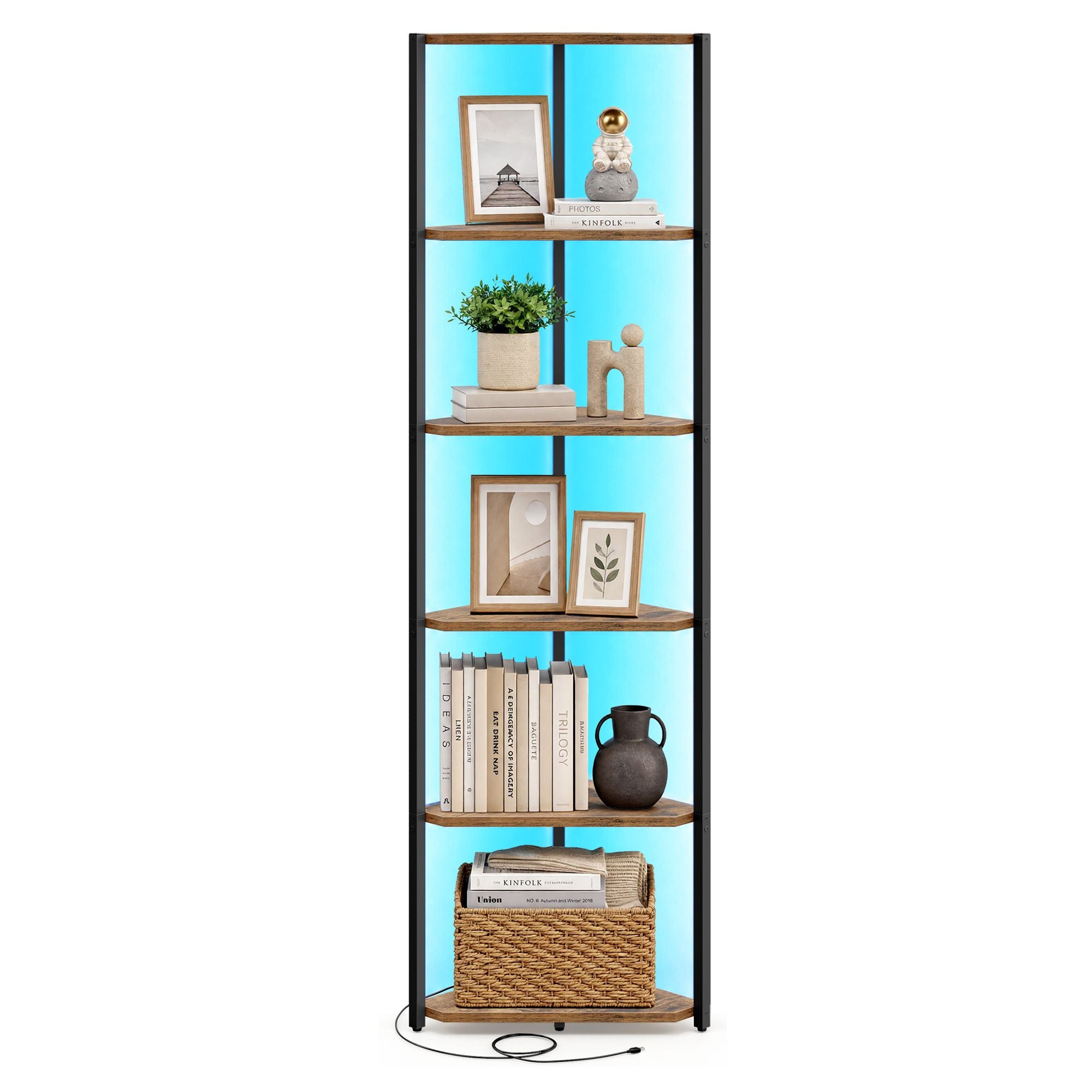 Hoekkast - Met LED-verlichting en 6 Ebenen - Vintagebruin - 24,8 x 48 x 182,1 cm