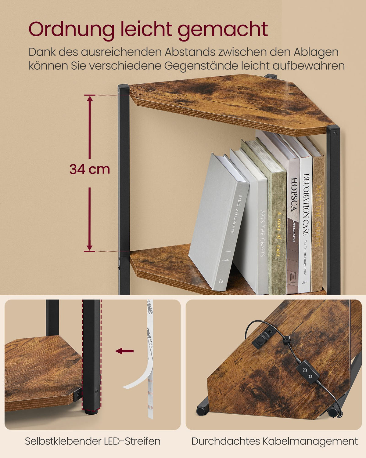 Hoekkast - Met LED-verlichting en 6 Ebenen - Vintagebruin - 24,8 x 48 x 182,1 cm