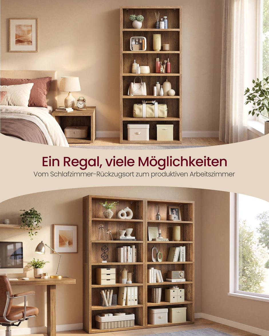 Boekenkast – 6 Niveaus – Verstelbare Planken – Hout – 168 cm Hoog – Honingbruin