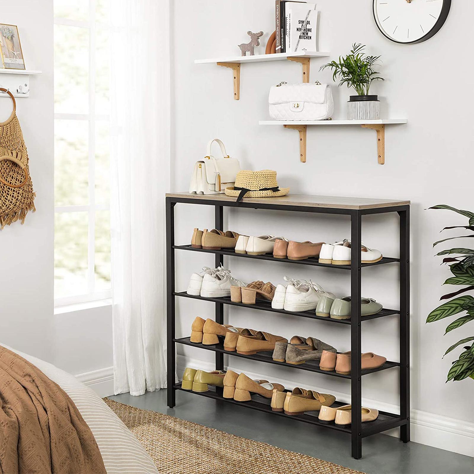 Schuhregal - mit 5 Regalen - Grillen mit Holzblättern - braun