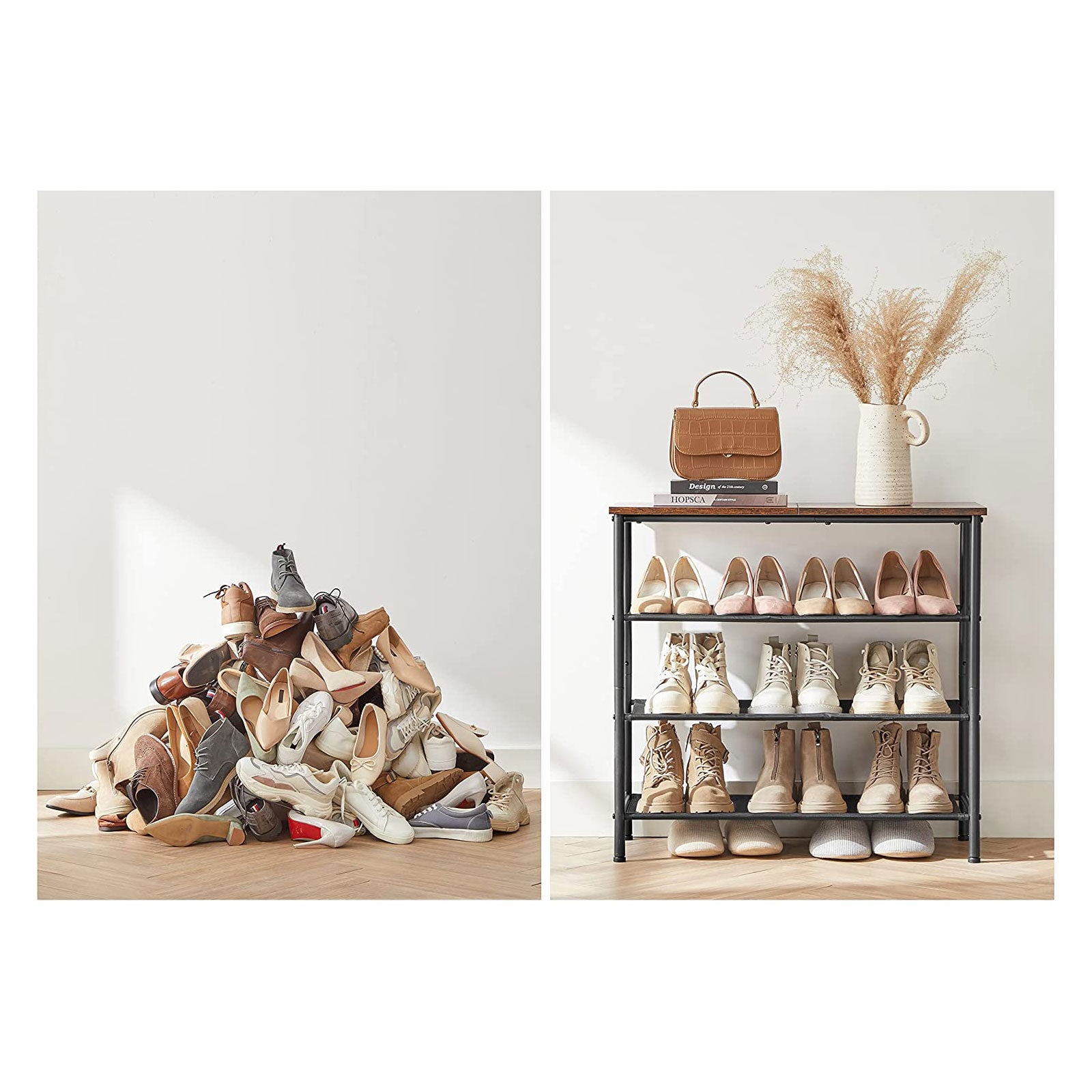 Schuhregal - mit 3 Regalen - Schuhschrank - Polyester Stoff - Metallrahmen - braun / schwarz