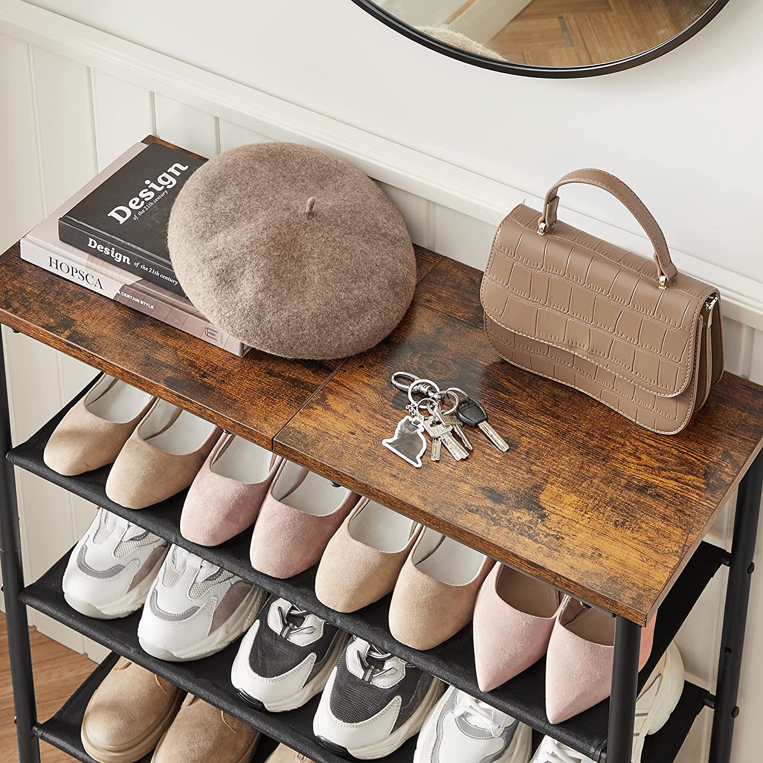 Schuhregal - mit 3 Regalen - Schuhschrank - Polyester Stoff - Metallrahmen - braun / schwarz