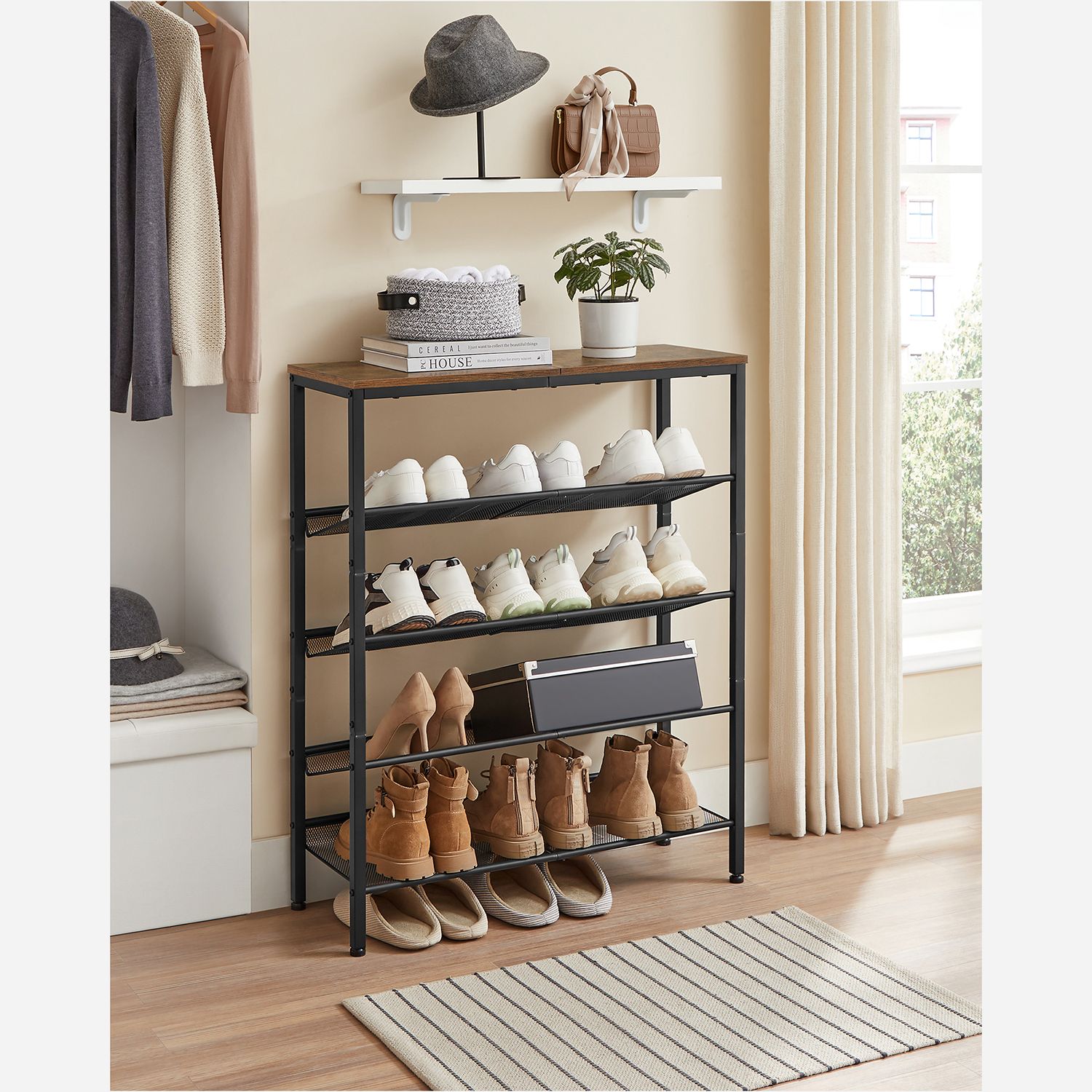 Schuhregal mit 5 Levels und Oberfläche für Taschen - Industriell - braun / schwarz