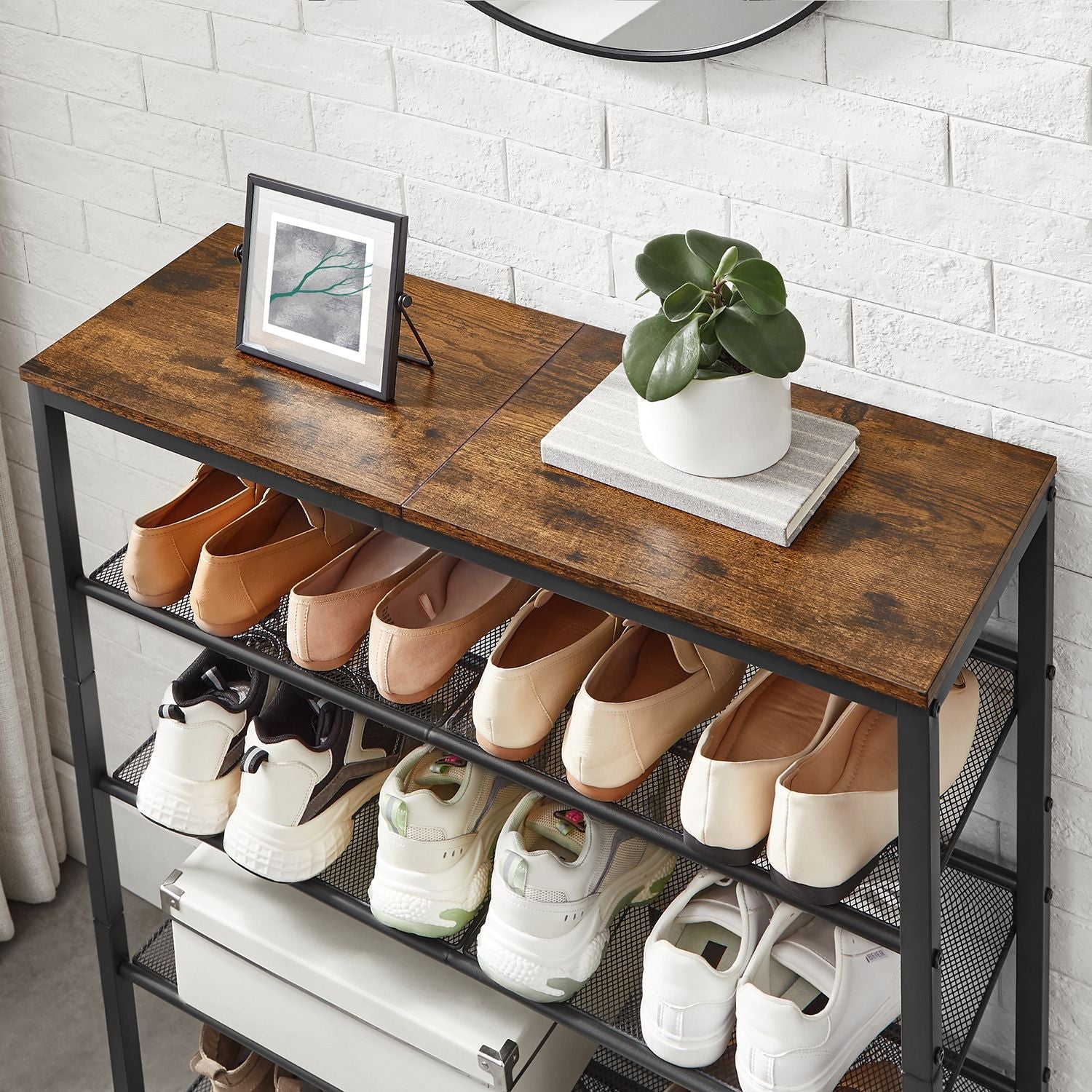 Schuhregal mit 5 Levels und Oberfläche für Taschen - Industriell - braun / schwarz