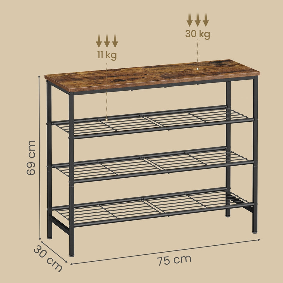 Schoenenbank - 30 x 75 x 69 cm - Metalen frame - 4 lagen - Bruin-zwart - Voor 12-16 paar schoenen - Max. draagkracht bovenpaneel 30 kg - Max. draagkracht per draadplank 11 kg