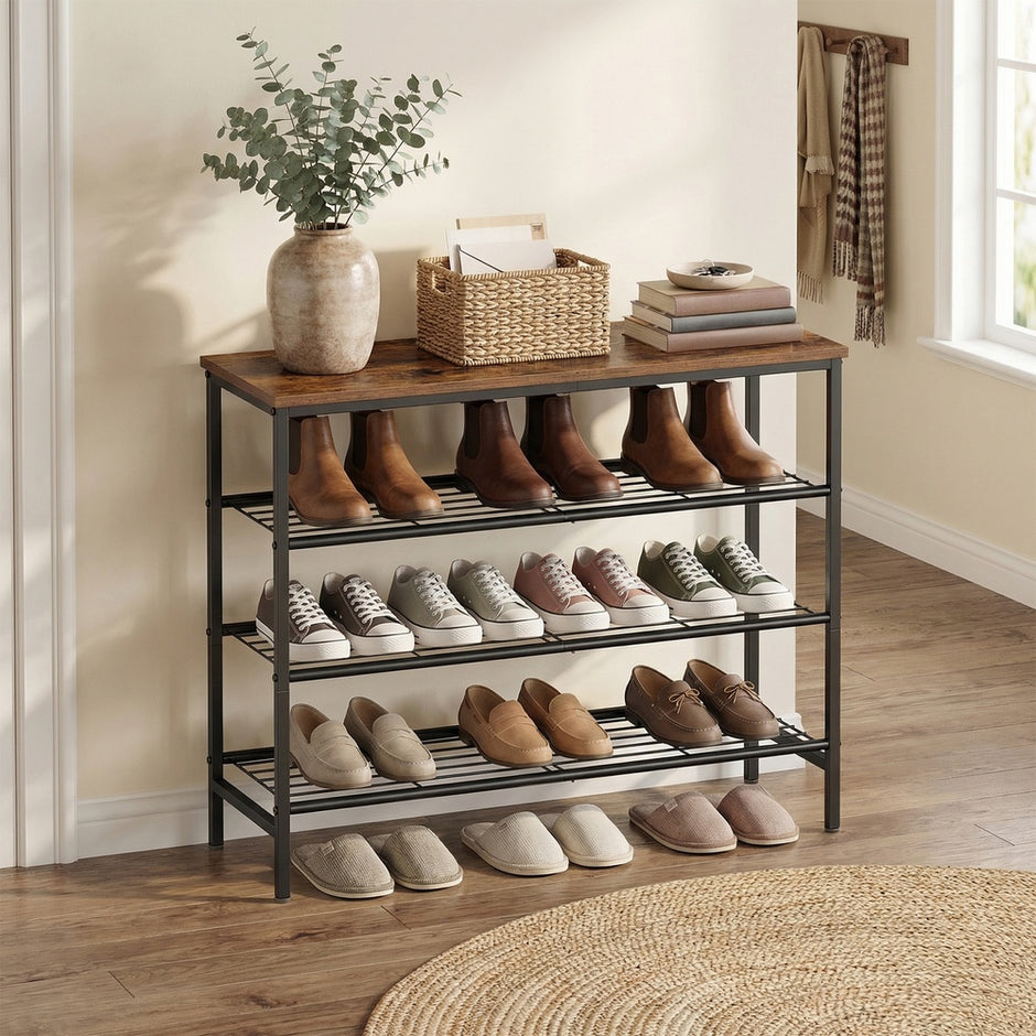 Schoenenbank - 30 x 75 x 69 cm - Metalen frame - 4 lagen - Bruin-zwart - Voor 12-16 paar schoenen - Max. draagkracht bovenpaneel 30 kg - Max. draagkracht per draadplank 11 kg