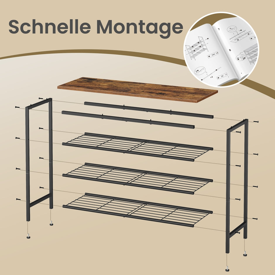 Schoenenbank - 30 x 75 x 69 cm - Metalen frame - 4 lagen - Bruin-zwart - Voor 12-16 paar schoenen - Max. draagkracht bovenpaneel 30 kg - Max. draagkracht per draadplank 11 kg