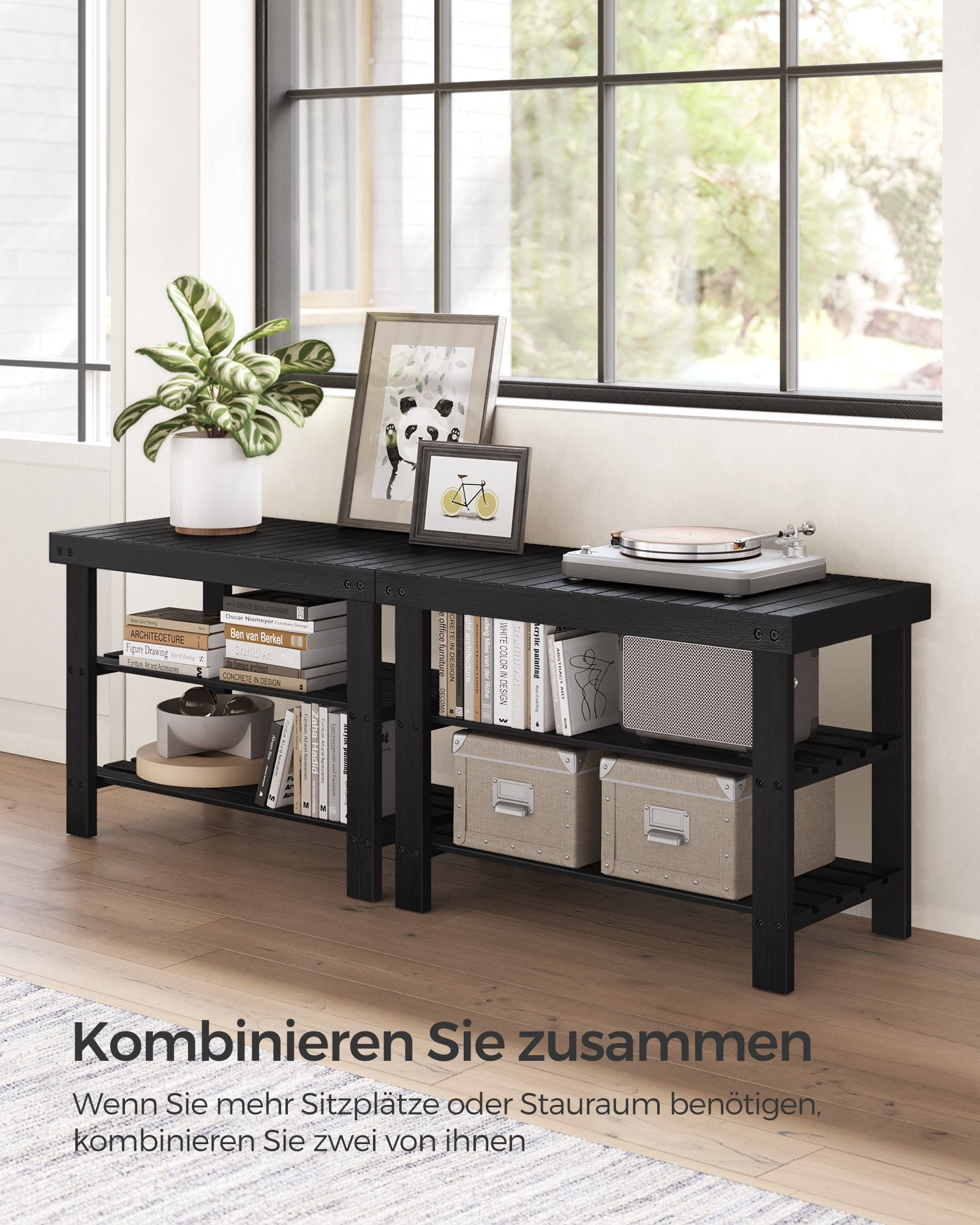 Schoenenbank - Bamboe - 3 Planken - 70 cm - Zwart
