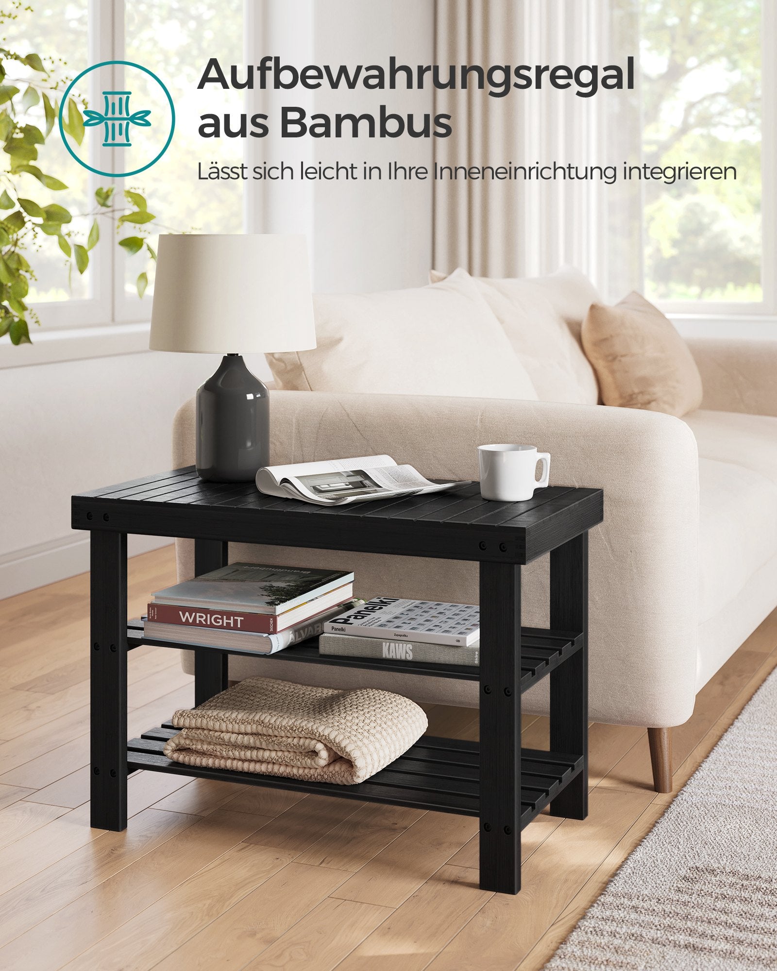 Schoenenbank - Bamboe - 3 Planken - 70 cm - Zwart