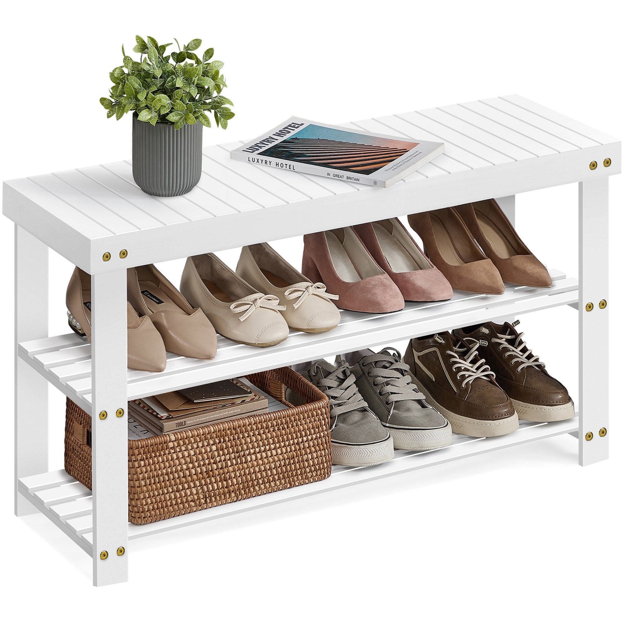 Schoenenbank - Bamboe - 3 Planken - 90 cm - Wolkenwit