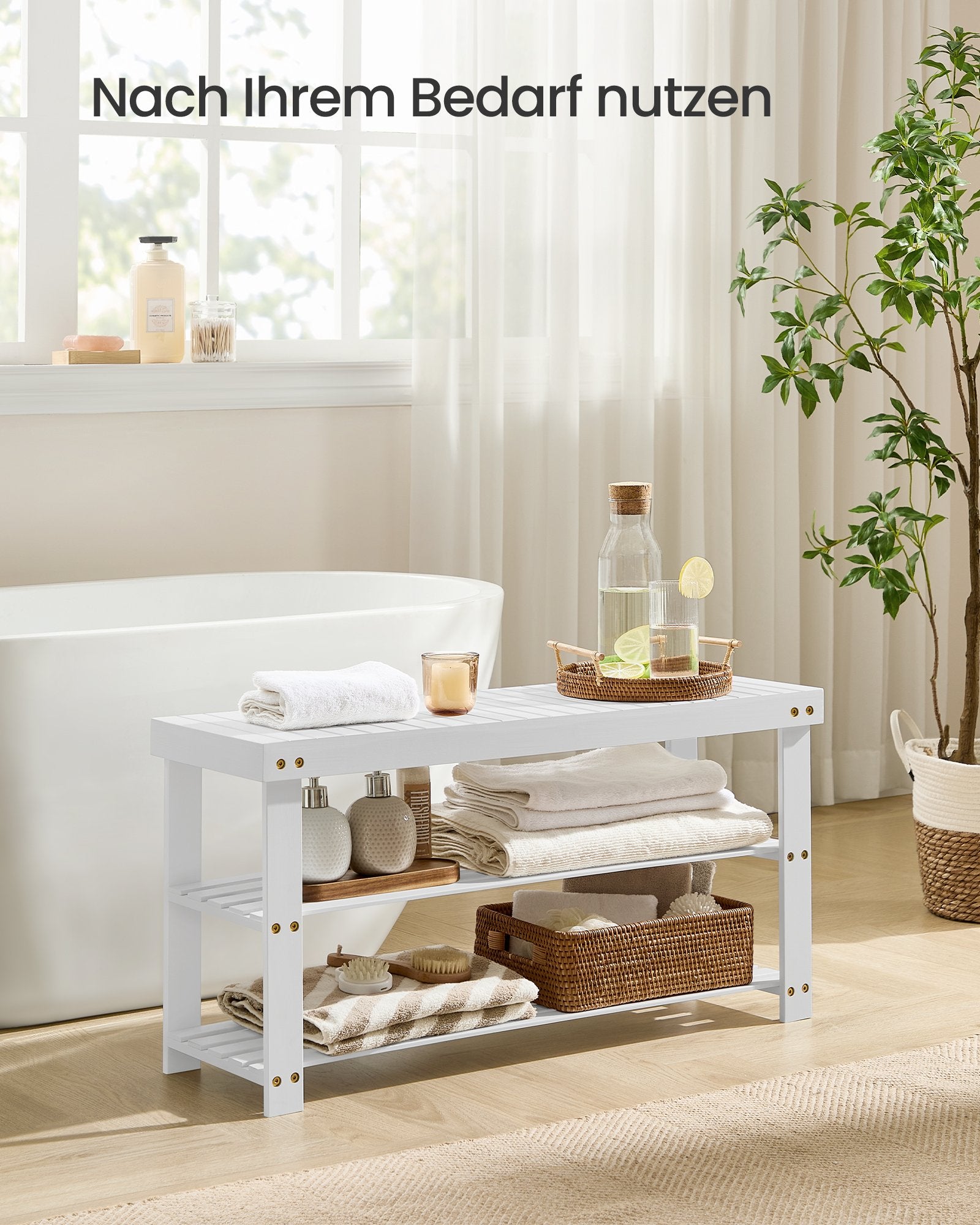 Schoenenbank - Bamboe - 3 Planken - 90 cm - Wolkenwit
