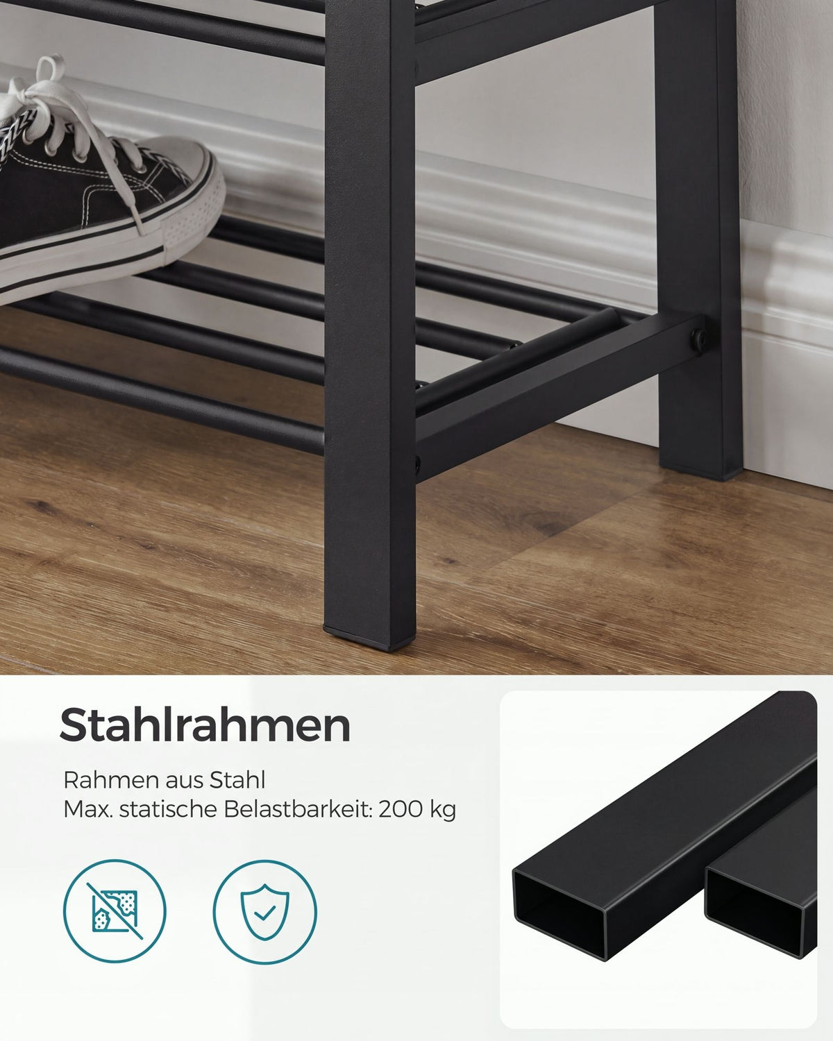 Schoenenbank – 3 Etages – Gevoerde Zitting – Metalen Frame – 80 cm – Leigrijs en Zwart