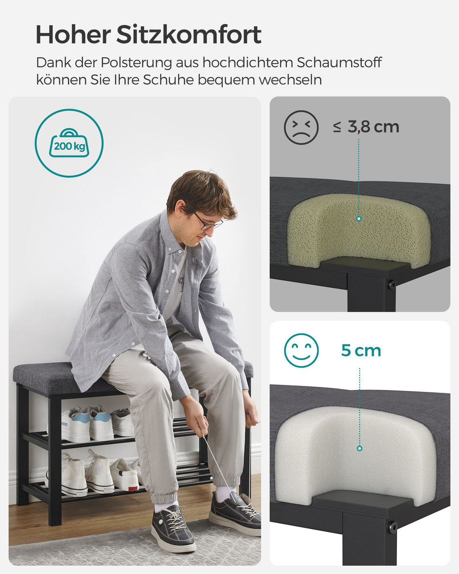 Schoenenbank – 3 Etages – Gevoerde Zitting – Metalen Frame – 80 cm – Leigrijs en Zwart