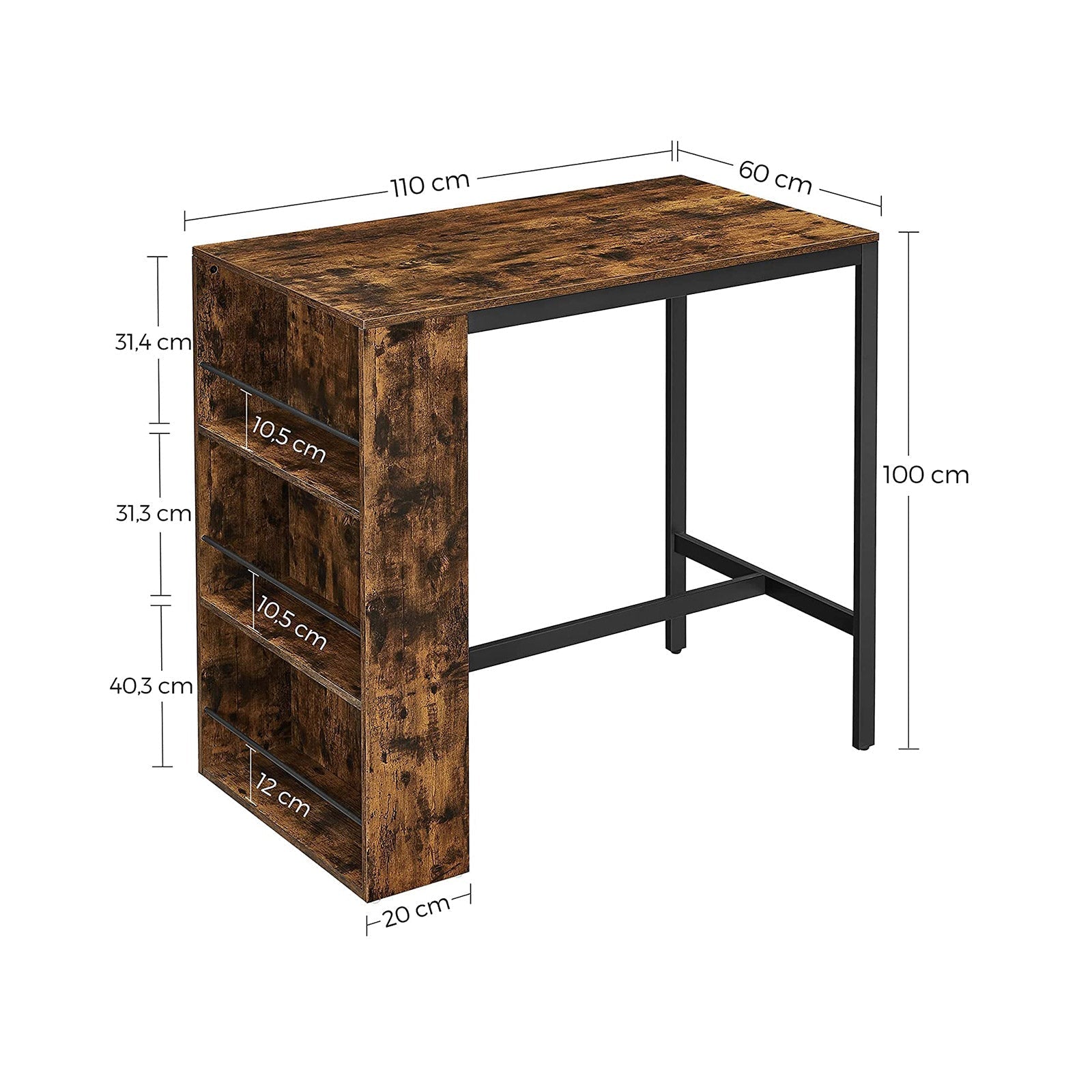 Bar Tisch - Küchentisch - Esstisch - mit 3 offenen Fächern - 110 x 60 x 100 cm - Brown