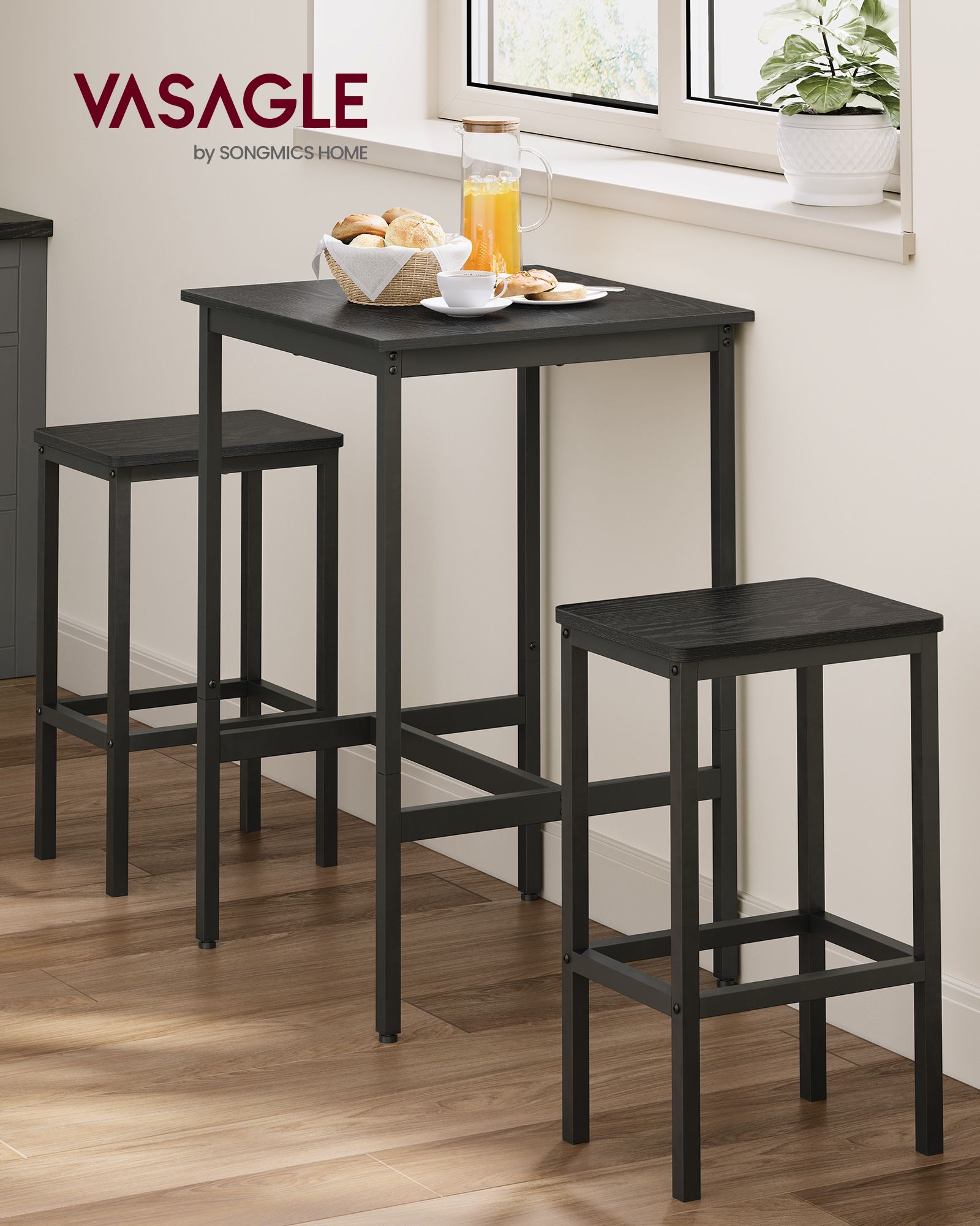 Bartisch mit 2 Stühlen-Kitchen-Ebony Black-Ink-Schwarzschwarz