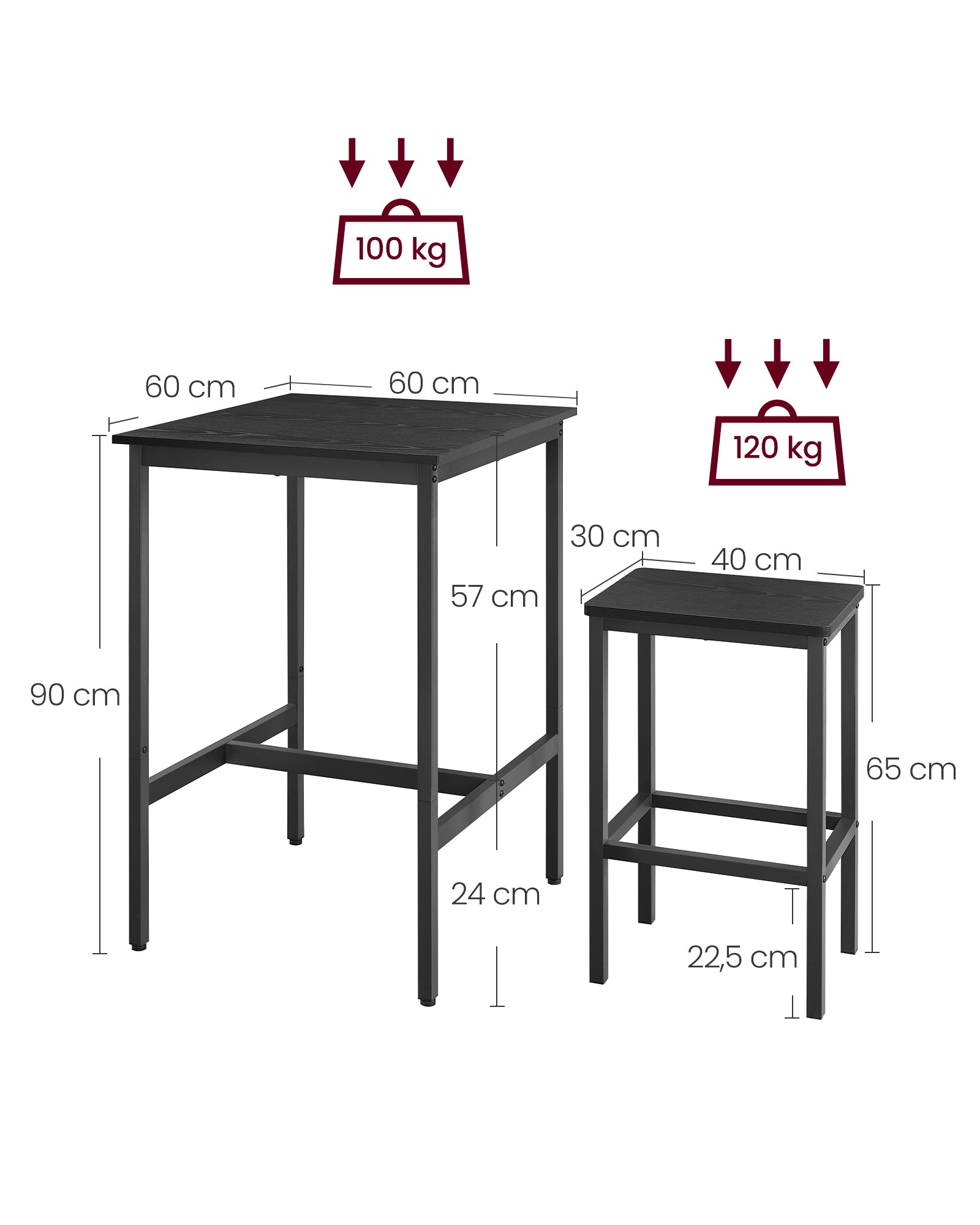Bartisch mit 2 Stühlen-Kitchen-Ebony Black-Ink-Schwarzschwarz