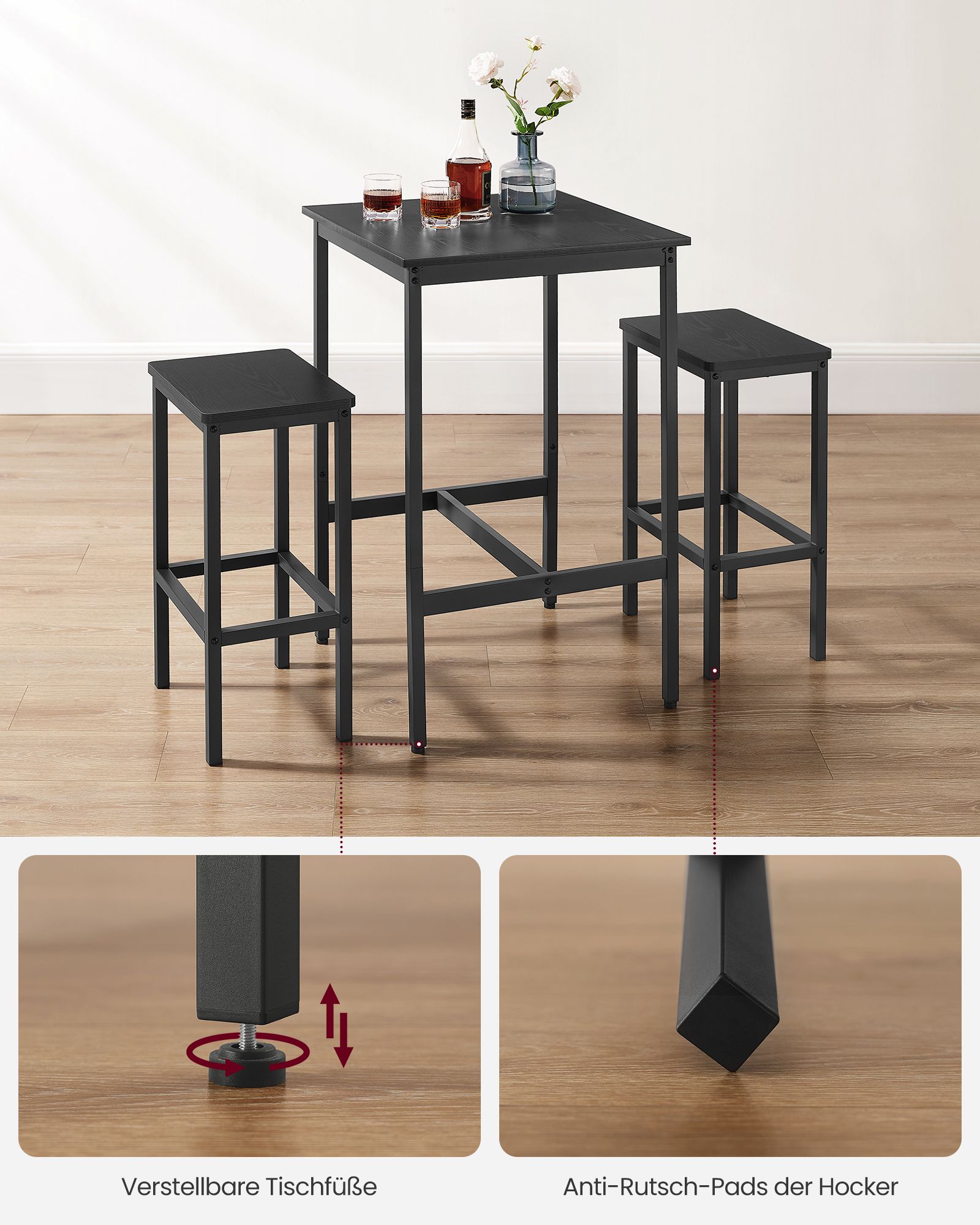 Bartisch mit 2 Stühlen-Kitchen-Ebony Black-Ink-Schwarzschwarz
