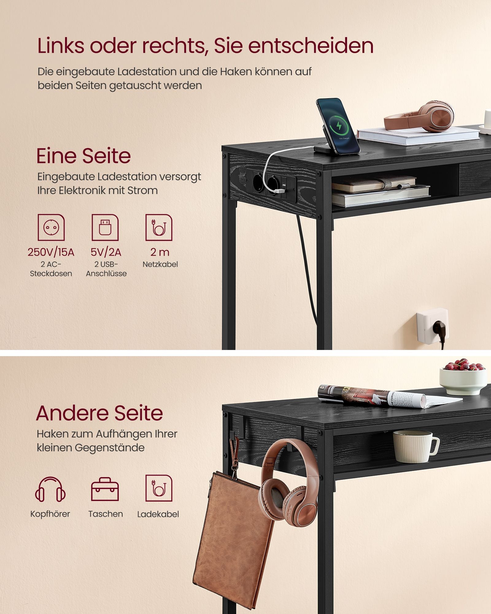 Bartisch mit Ladestation und Schublade in Ebenholzschwarz