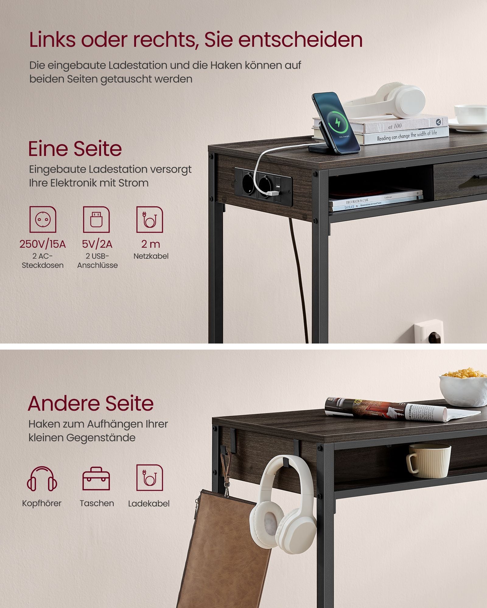 Stabentisch mit Ladestation und Schublade 40 x 99,8 x 104,6 cm