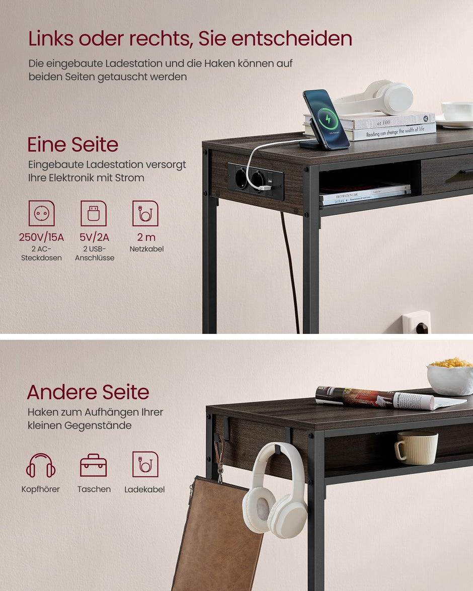 Stabentisch mit Ladestation und Schublade 40 x 99,8 x 104,6 cm