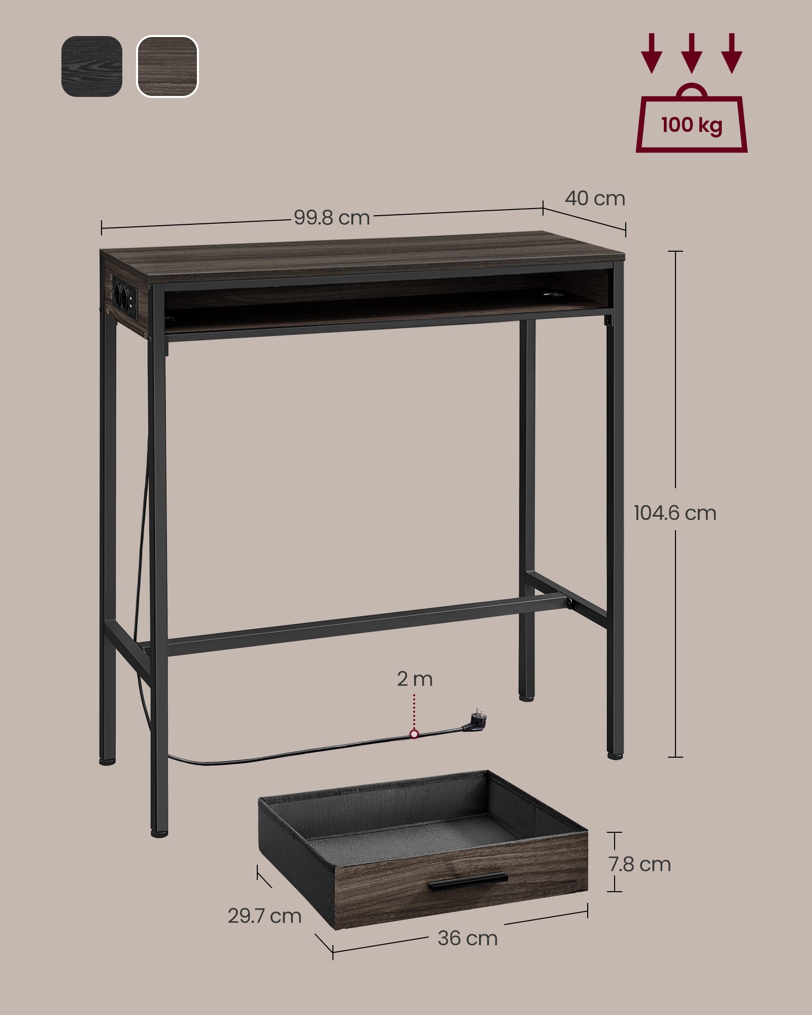 Stabentisch mit Ladestation und Schublade 40 x 99,8 x 104,6 cm
