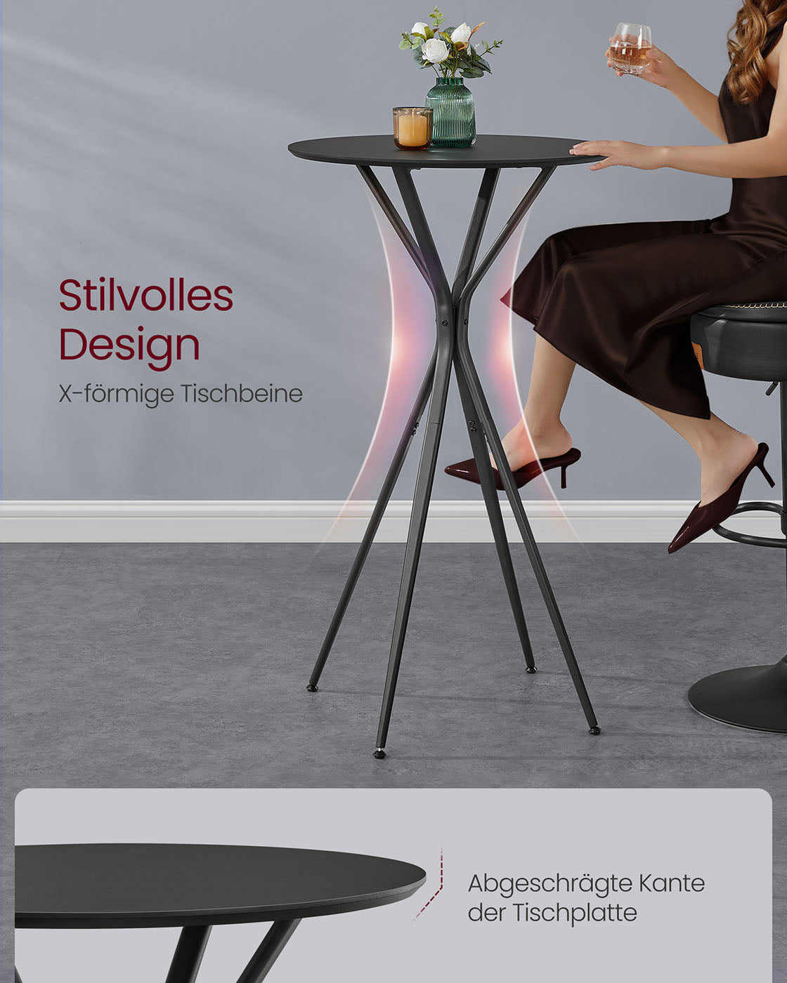 Balkentisch mit Metallrahmen 60 x 60 x 105 cm Tintenschwarz-MAT Schwarz