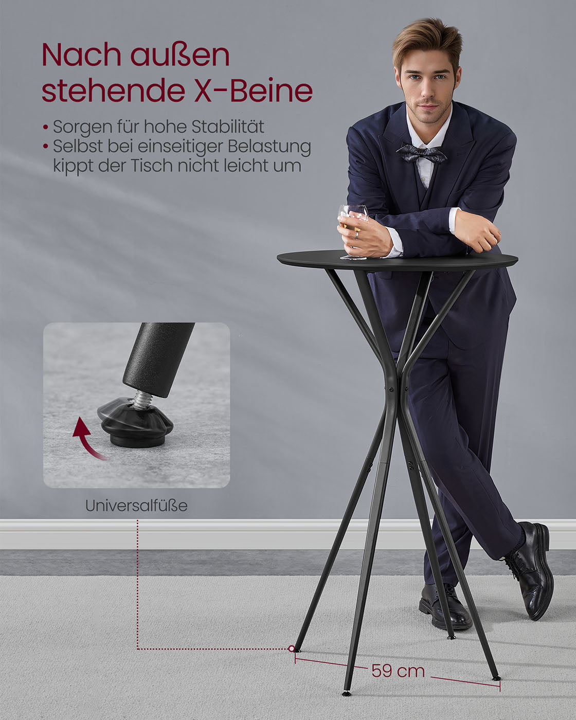Balkentisch mit Metallrahmen 60 x 60 x 105 cm Tintenschwarz-MAT Schwarz